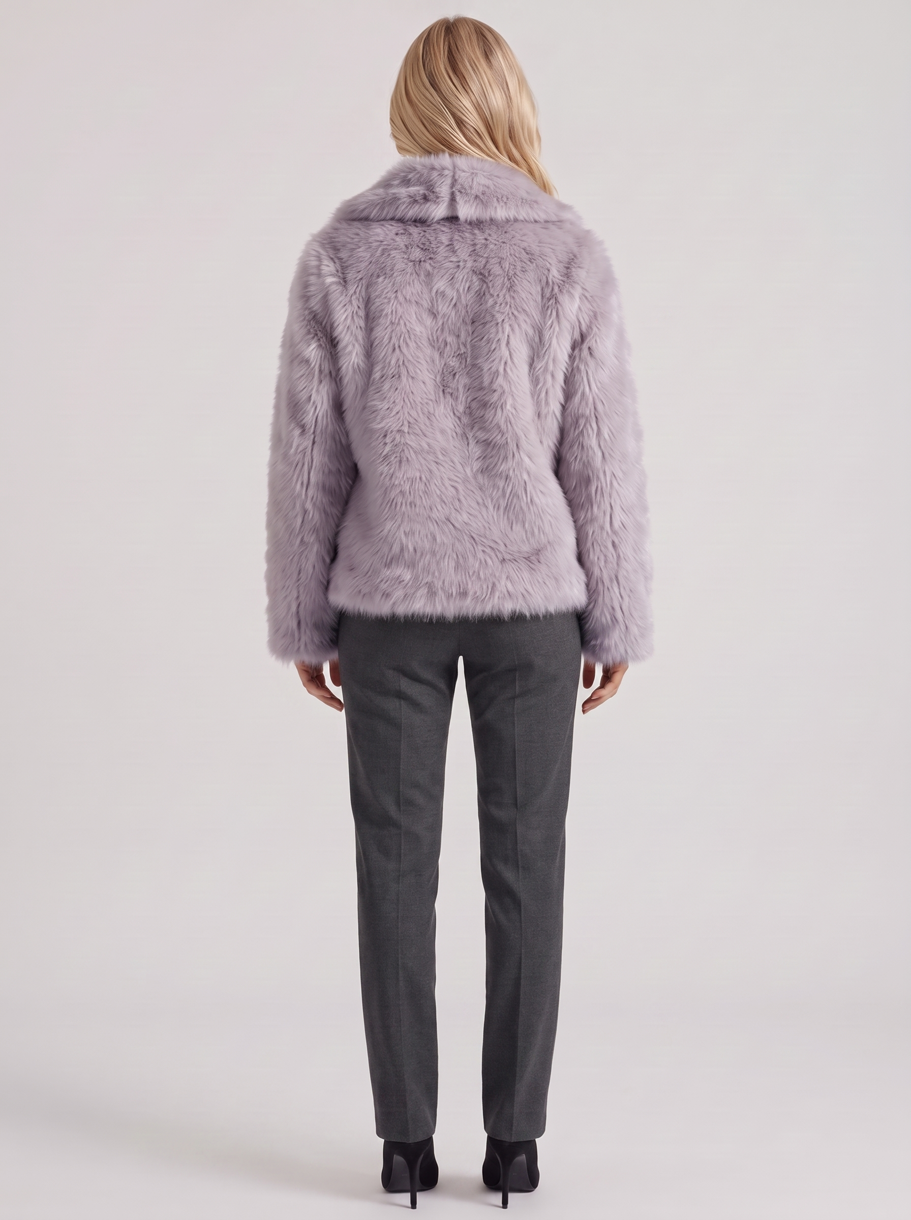 Women's gray fur coat with plush fur texture and hip length hem