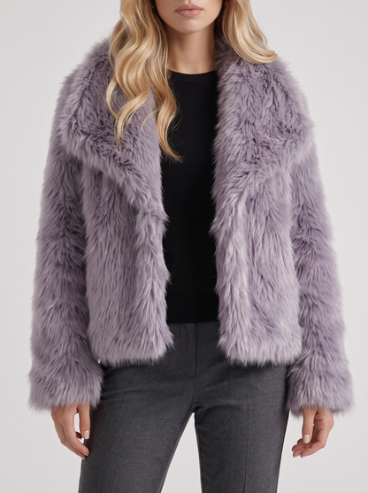 Women's gray fur coat with plush fur texture and hip length hem