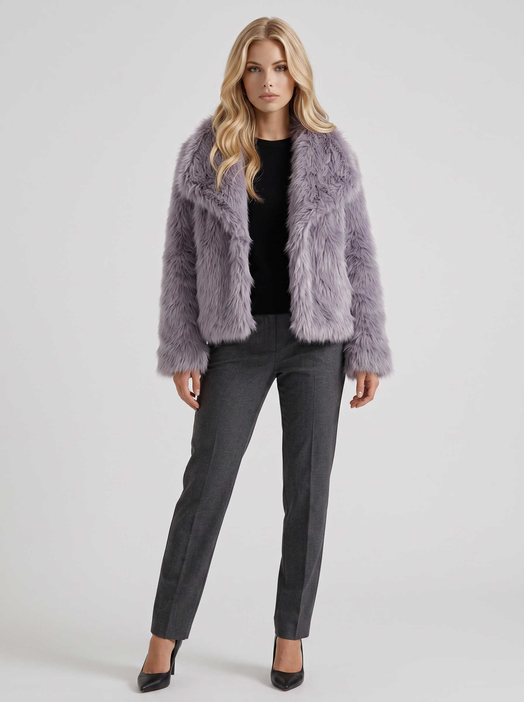 Women's gray fur coat with plush fur texture and hip length hem