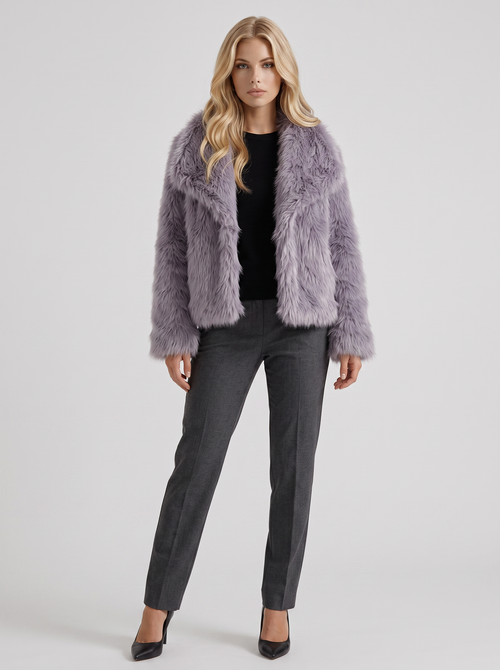 Women's gray fur coat with plush fur texture and hip length hem