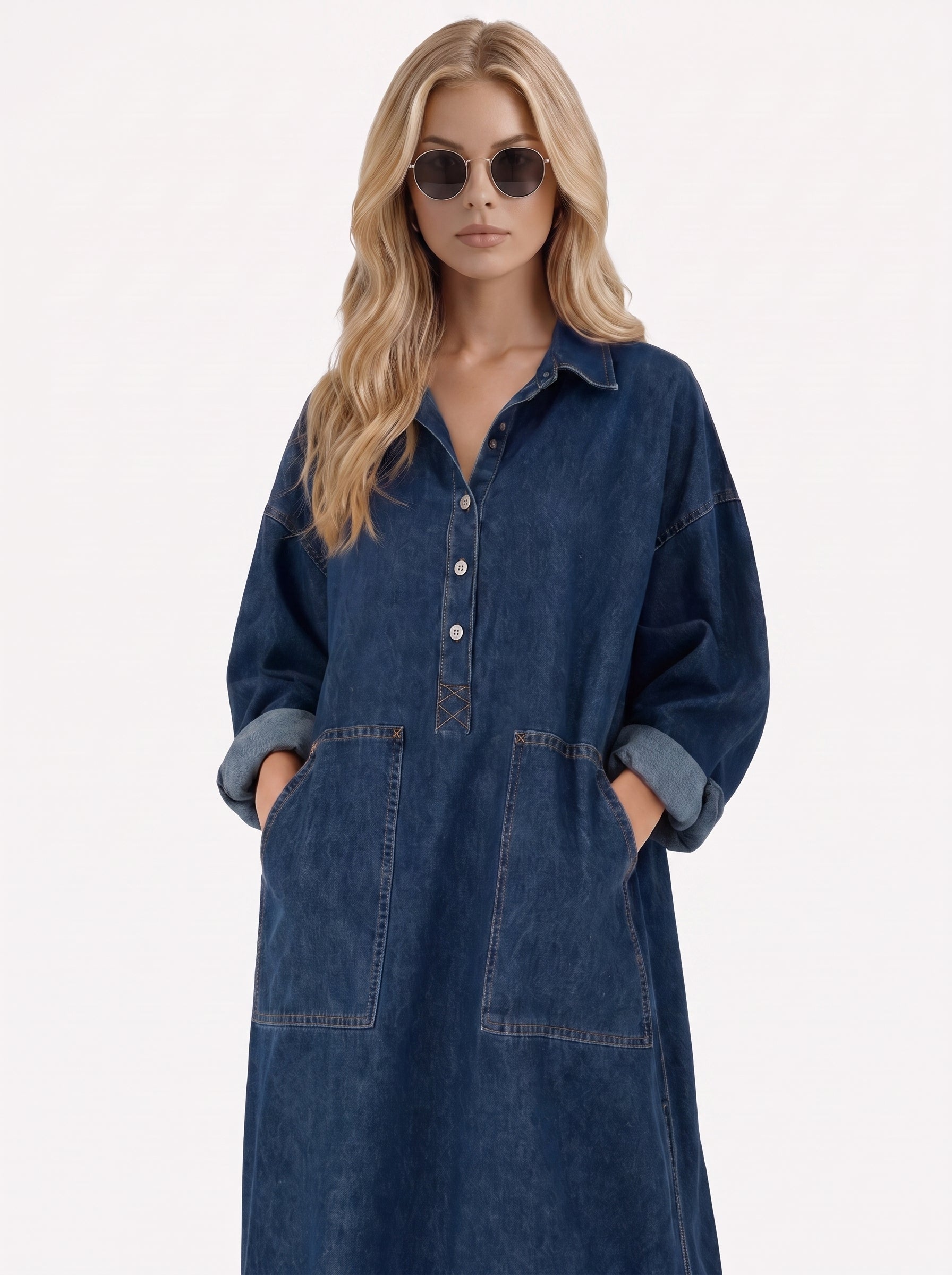 Women blue maxi dress with point collar and button placket