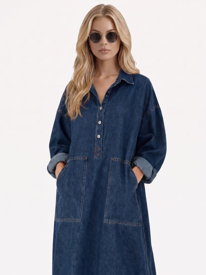 Women blue maxi dress with point collar and button placket