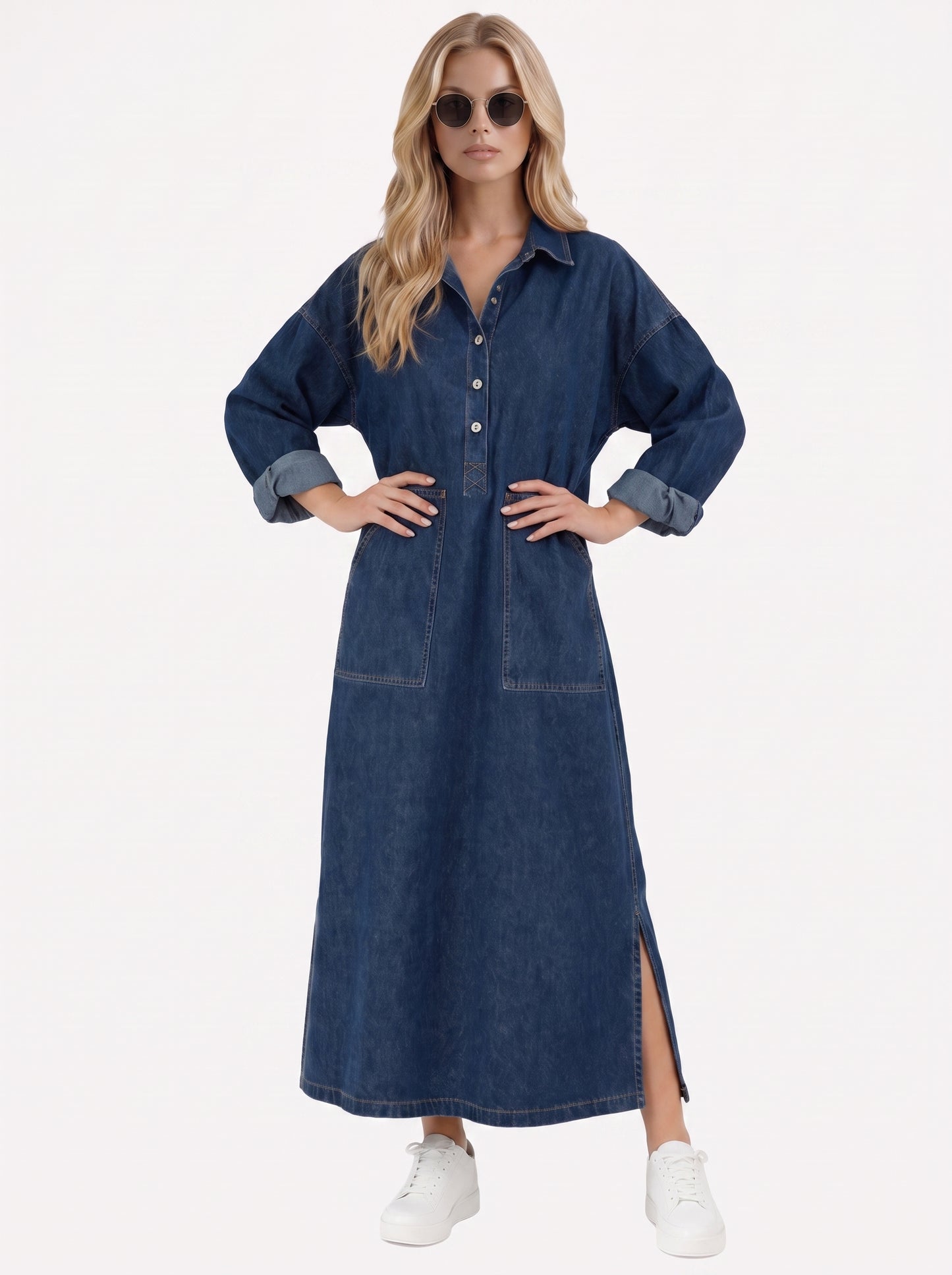 Women blue maxi dress with point collar and button placket