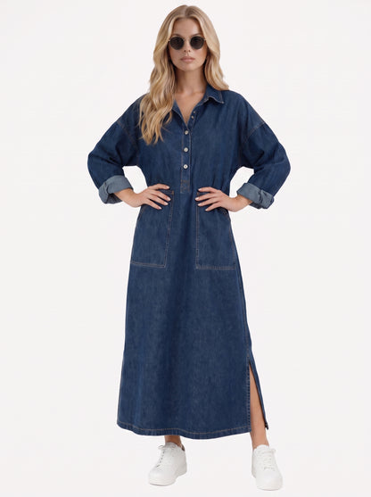 Women blue maxi dress with point collar and button placket