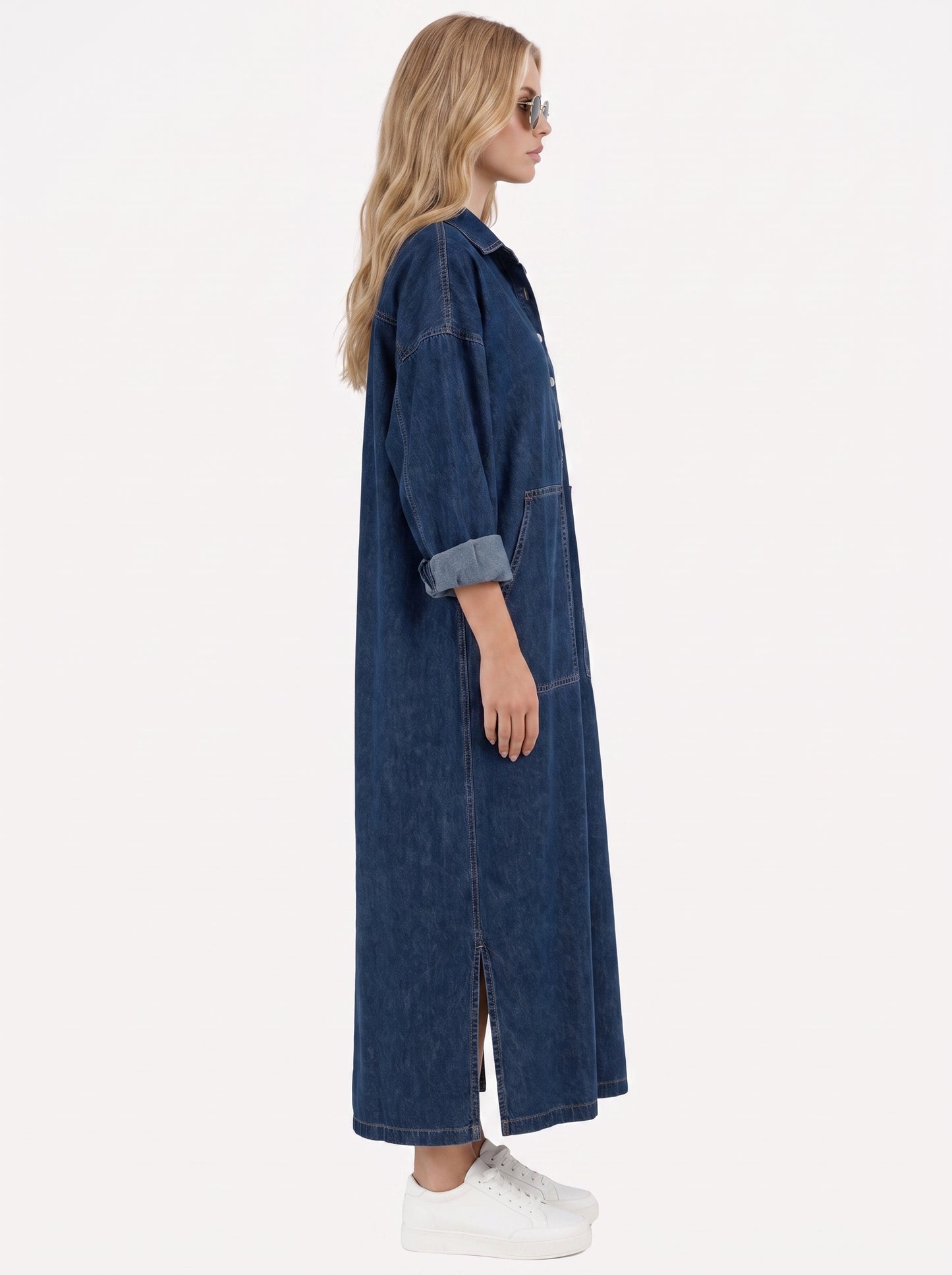 Women blue maxi dress with point collar and button placket