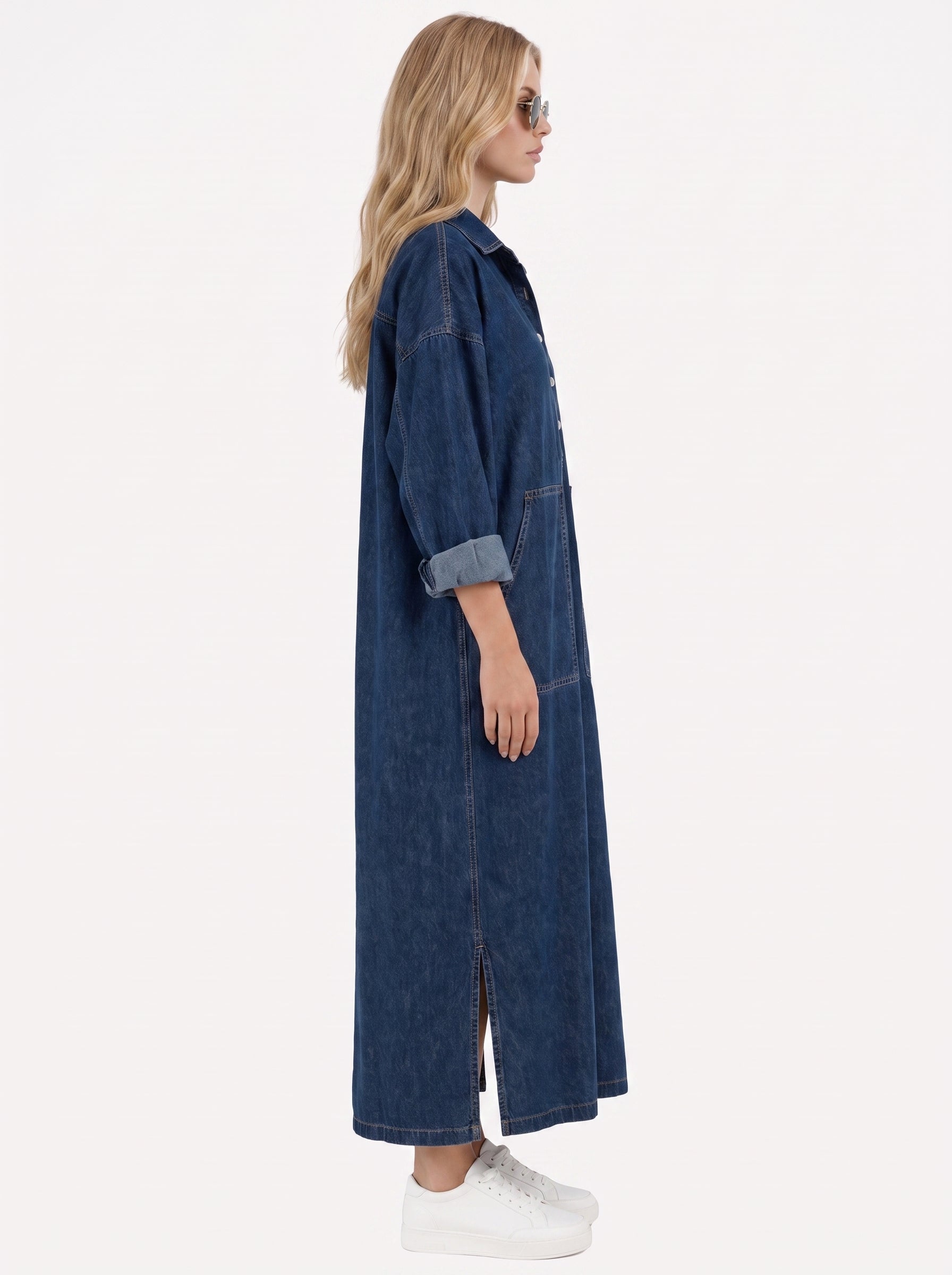 Women blue maxi dress with point collar and button placket
