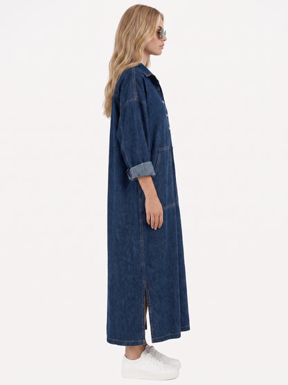 Women blue maxi dress with point collar and button placket