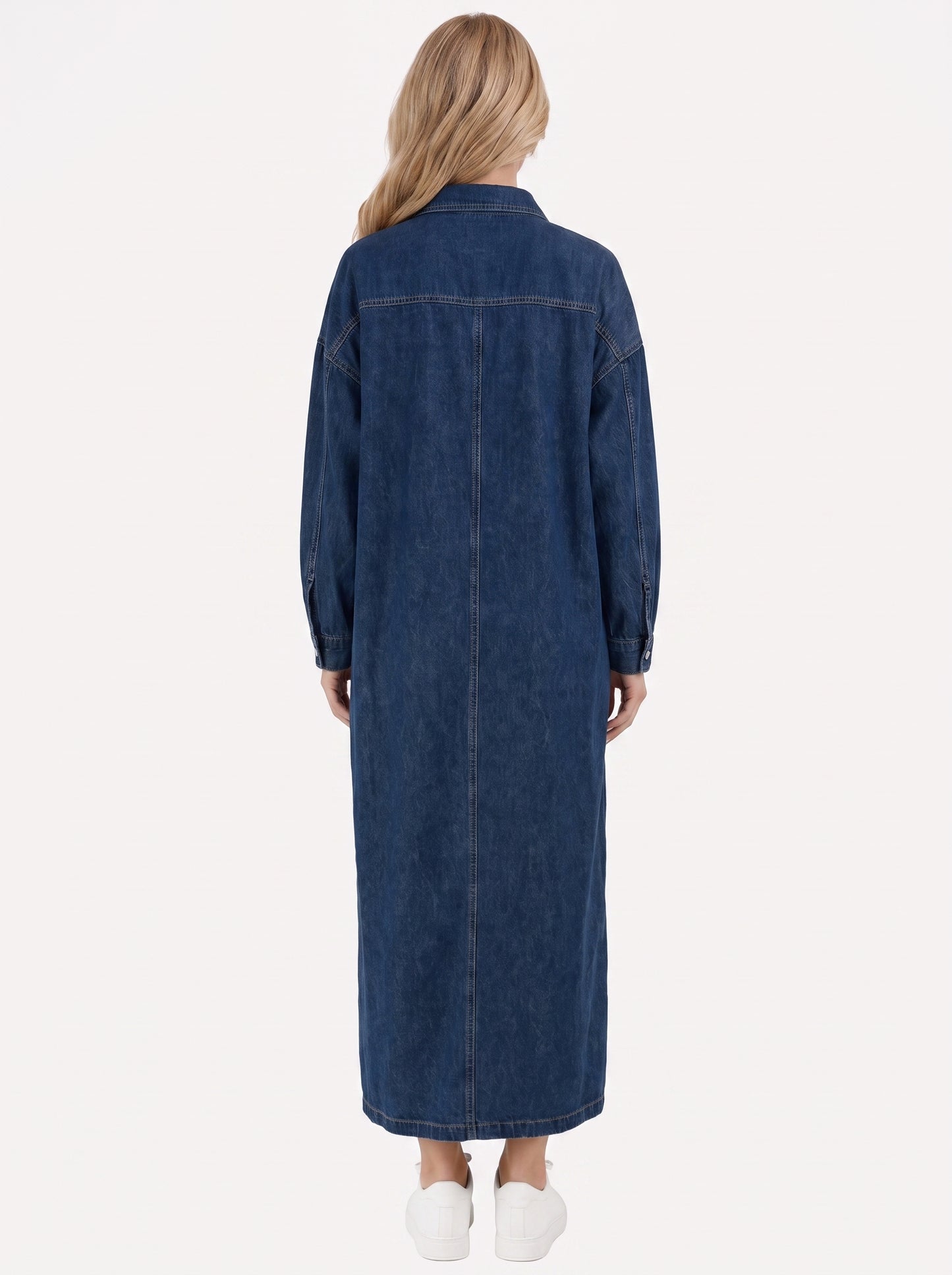 Women blue maxi dress with point collar and button placket