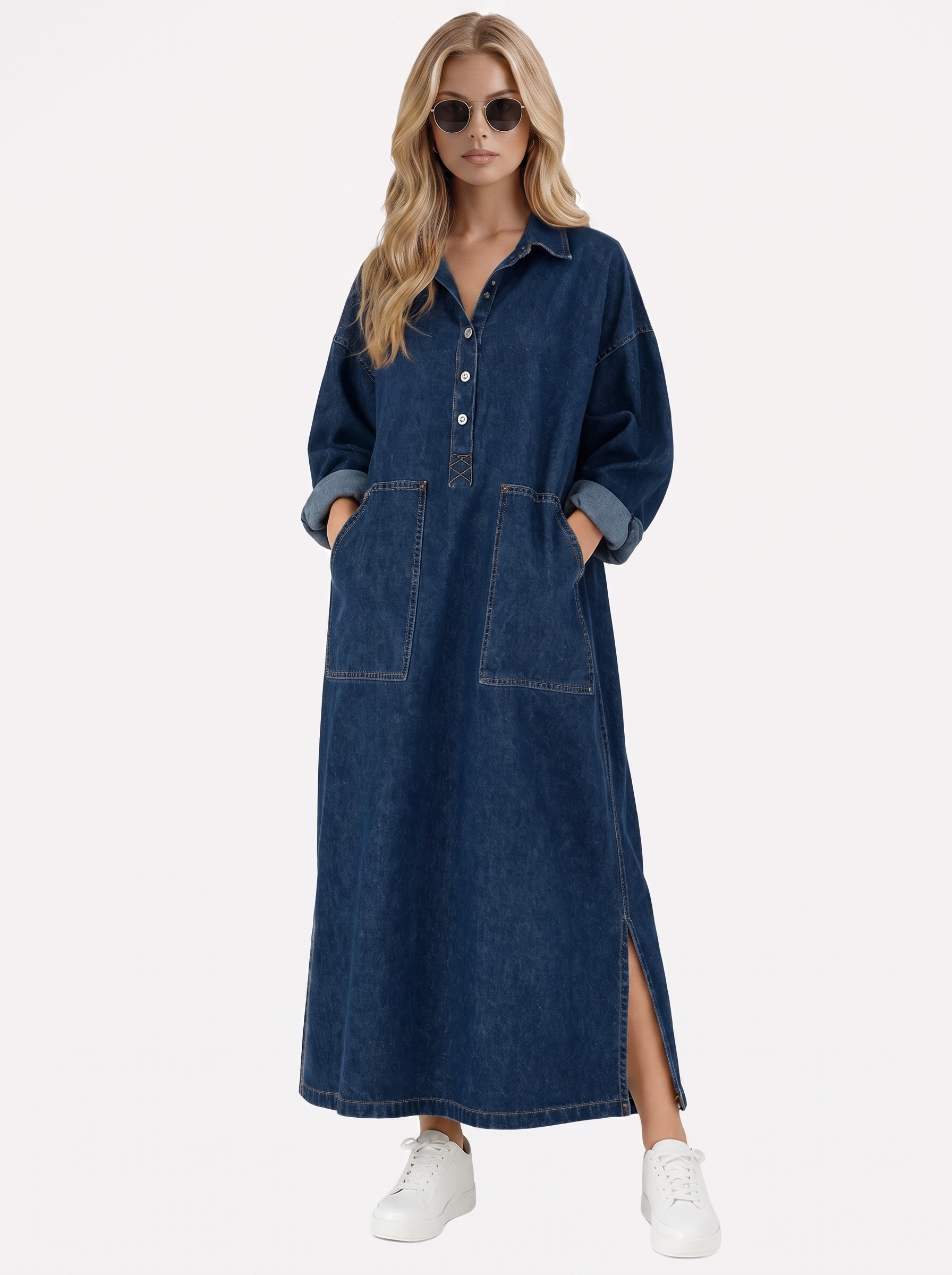 Women blue maxi dress with point collar and button placket