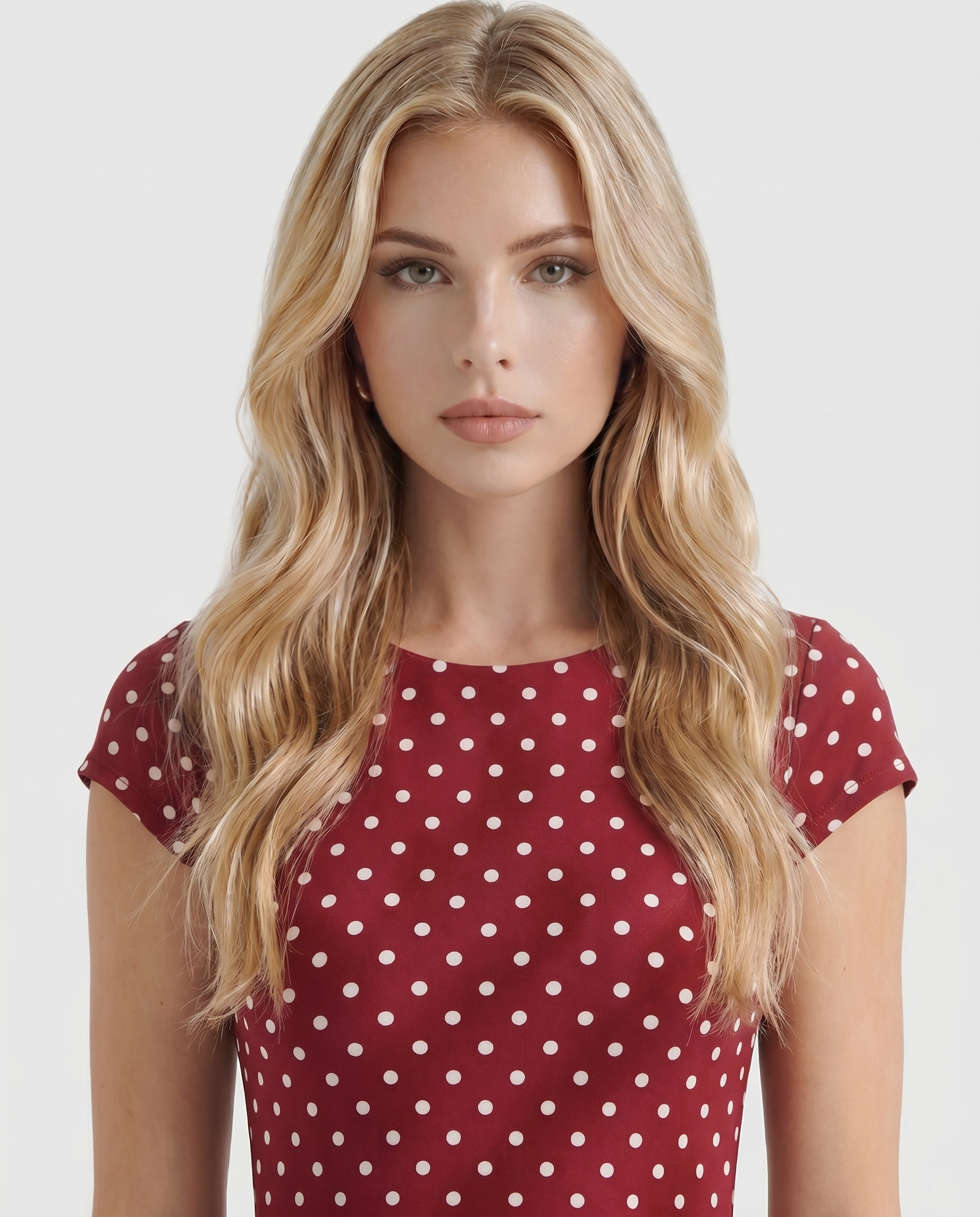 Women burgundy polka dot midi dress with cap sleeves and fitted bodice, front cropped view