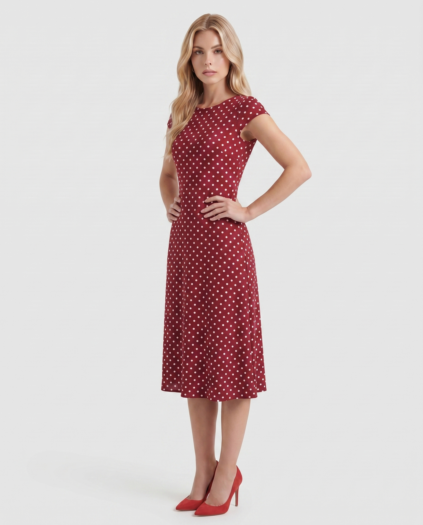 Women burgundy polka dot midi dress with crew neck and fit and flare skirt, 45 degree angle