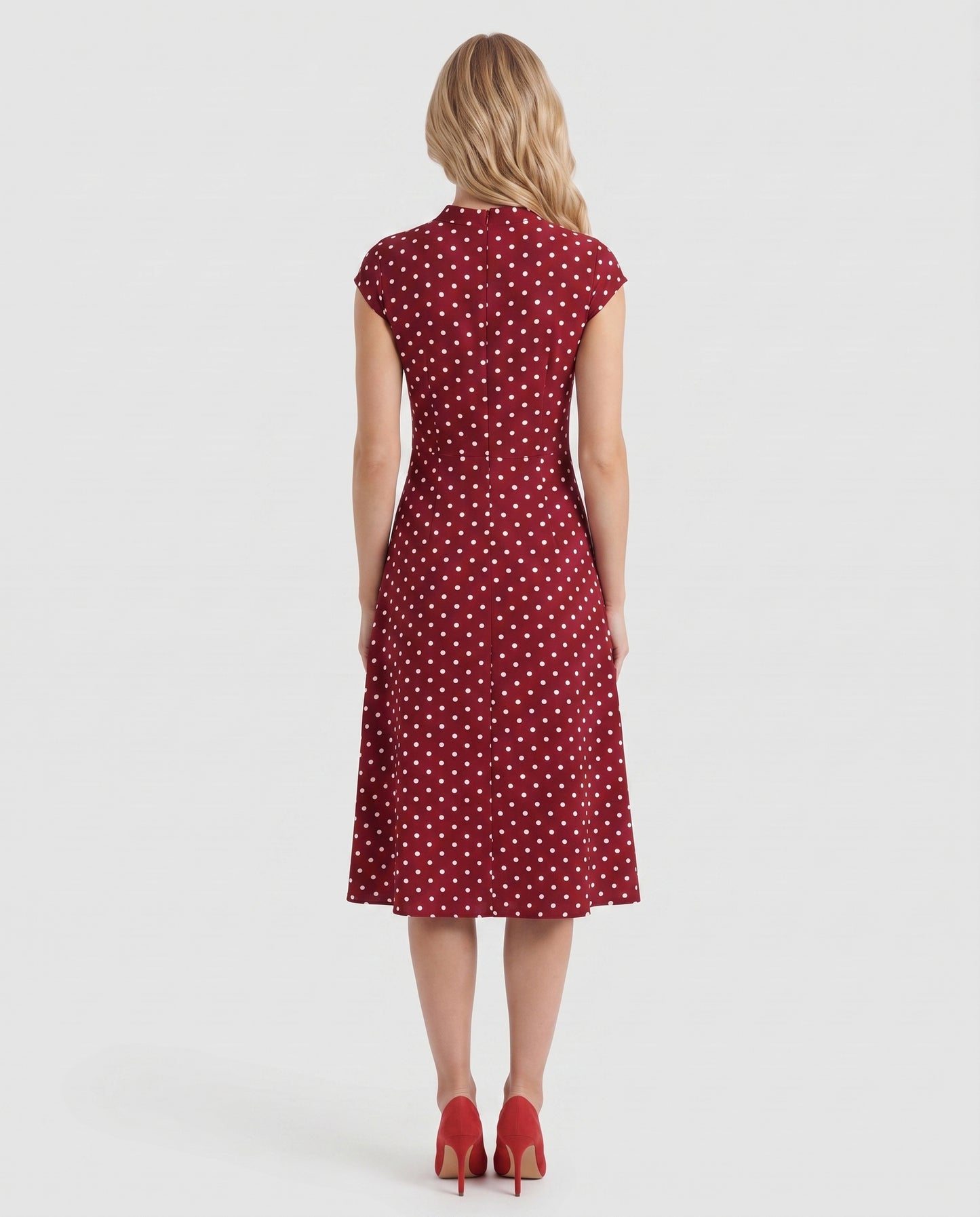 Women burgundy polka dot midi dress with crew back and fit and flare skirt, back view