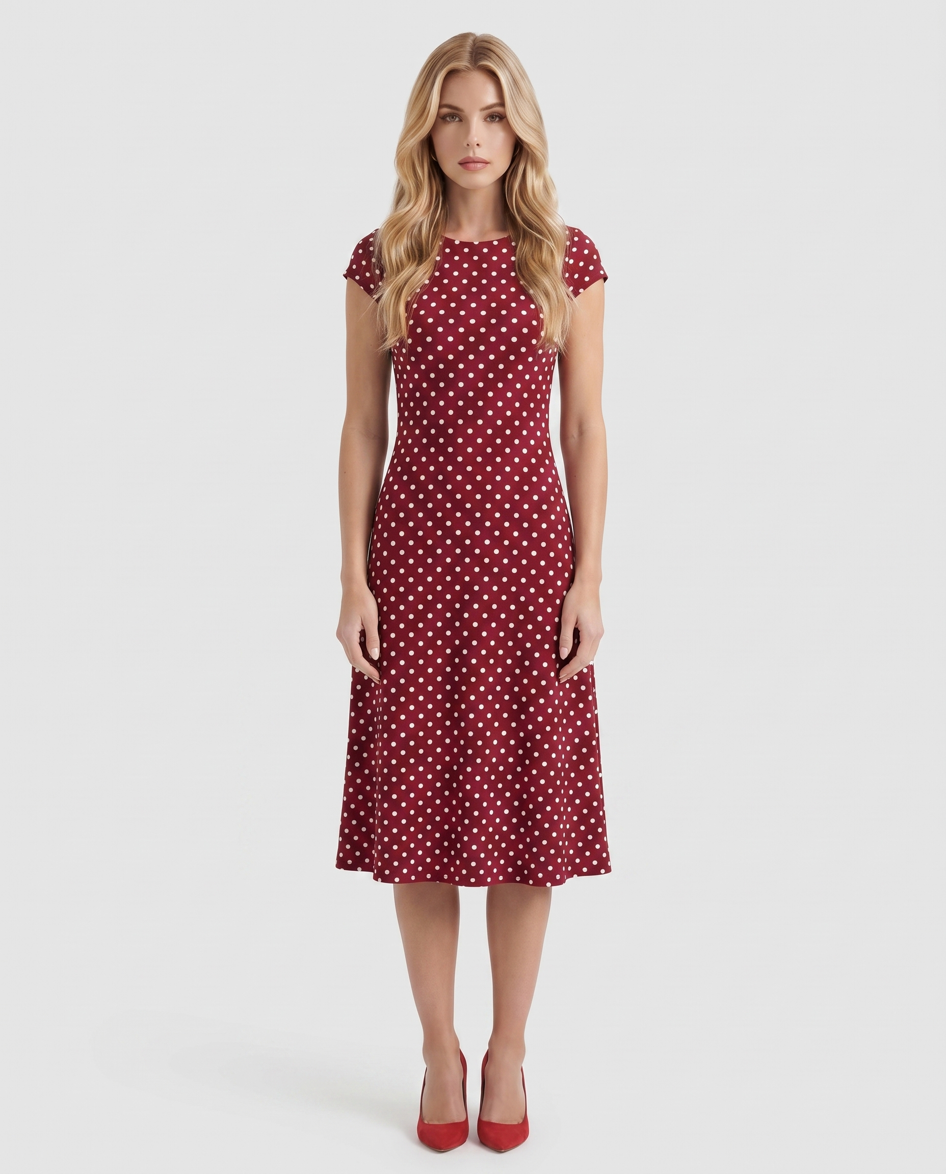 Women burgundy polka dot midi dress with crew neckline and fit and flare skirt, front view