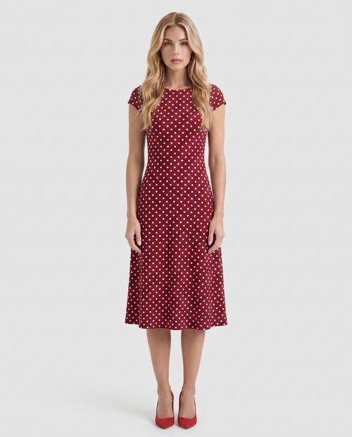 Women burgundy polka dot midi dress with crew neckline and fit and flare skirt, front view