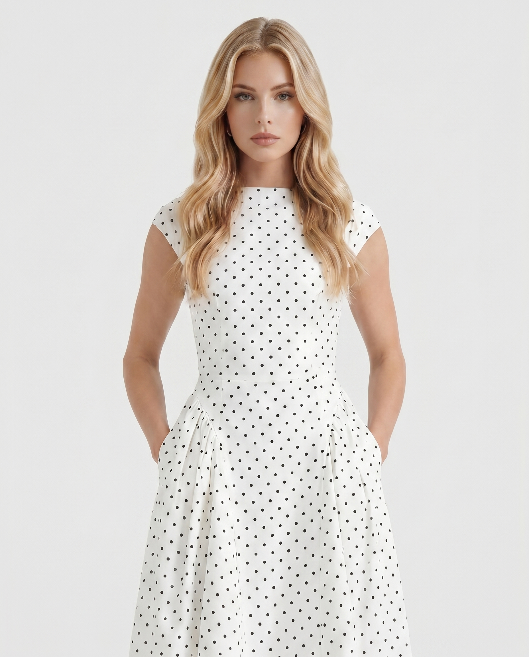 Women white polka dot midi dress with cap sleeves and fitted bodice, front cropped view