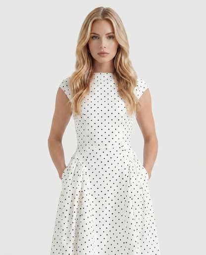 Women white polka dot midi dress with cap sleeves and fitted bodice, front cropped view