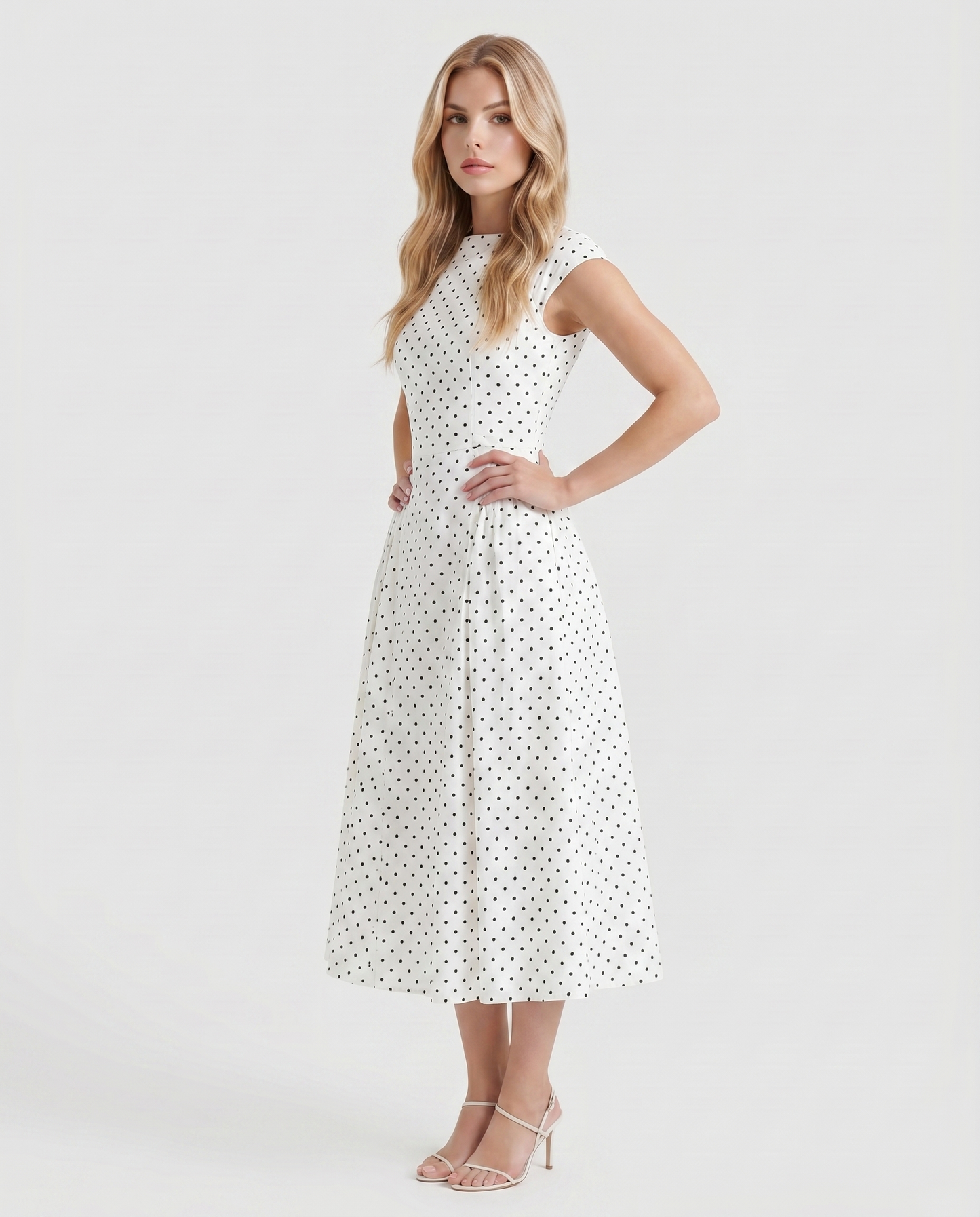 Women white polka dot midi dress with crew neck and fit and flare skirt, 45 degree angle
