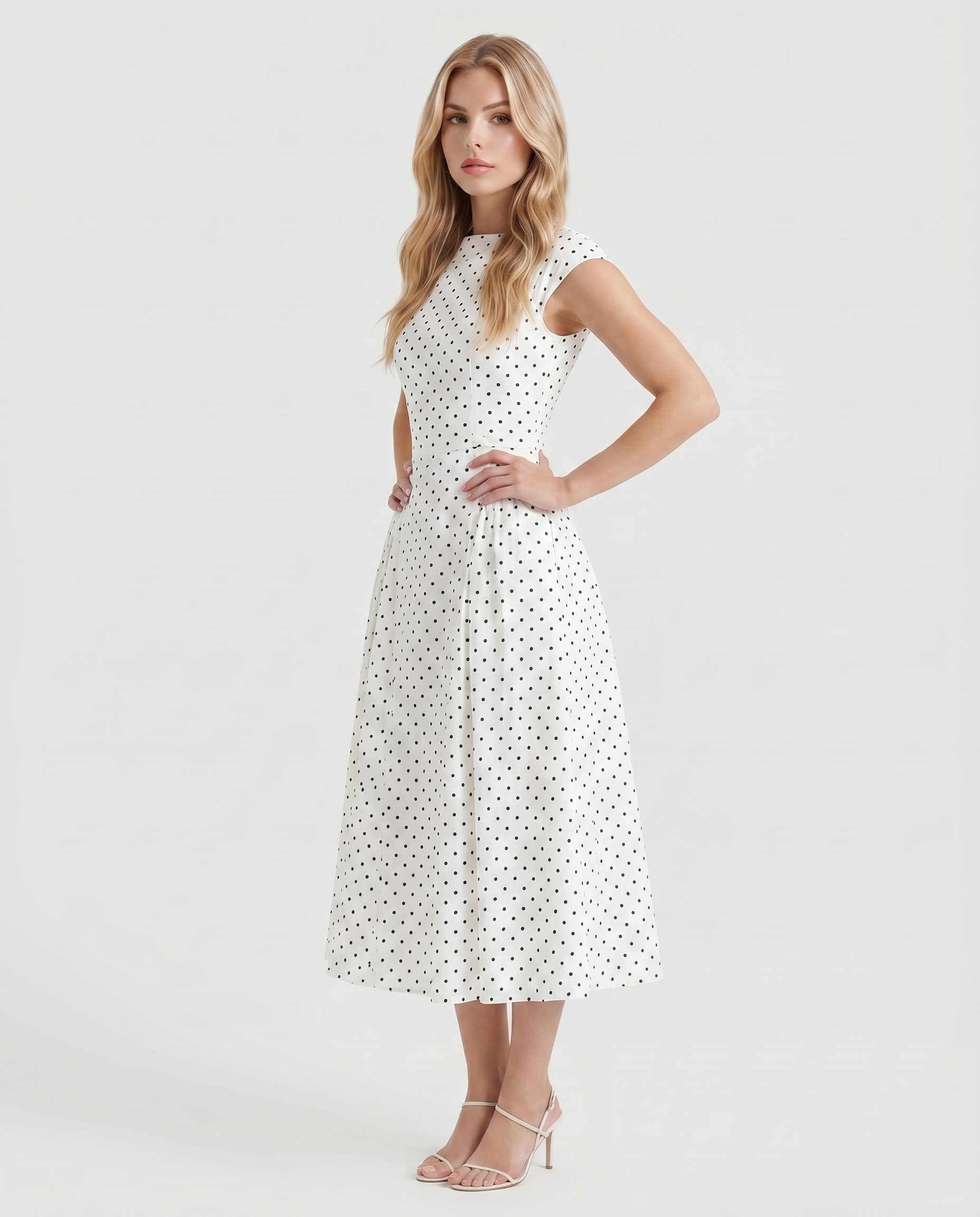 Women white polka dot midi dress with crew neck and fit and flare skirt, 45 degree angle