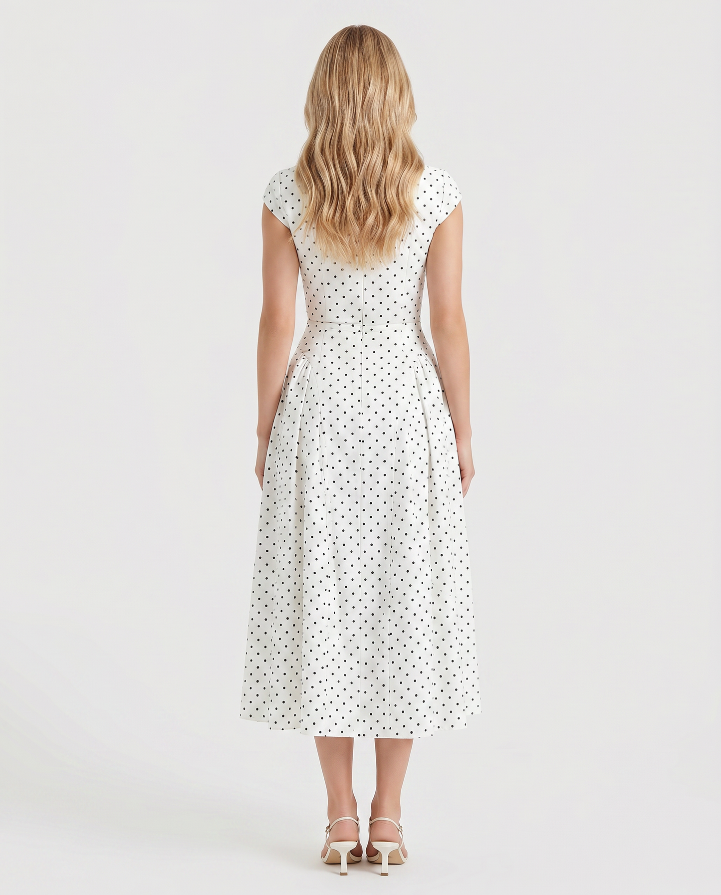 Women white polka dot midi dress with crew back and fit and flare skirt, back view