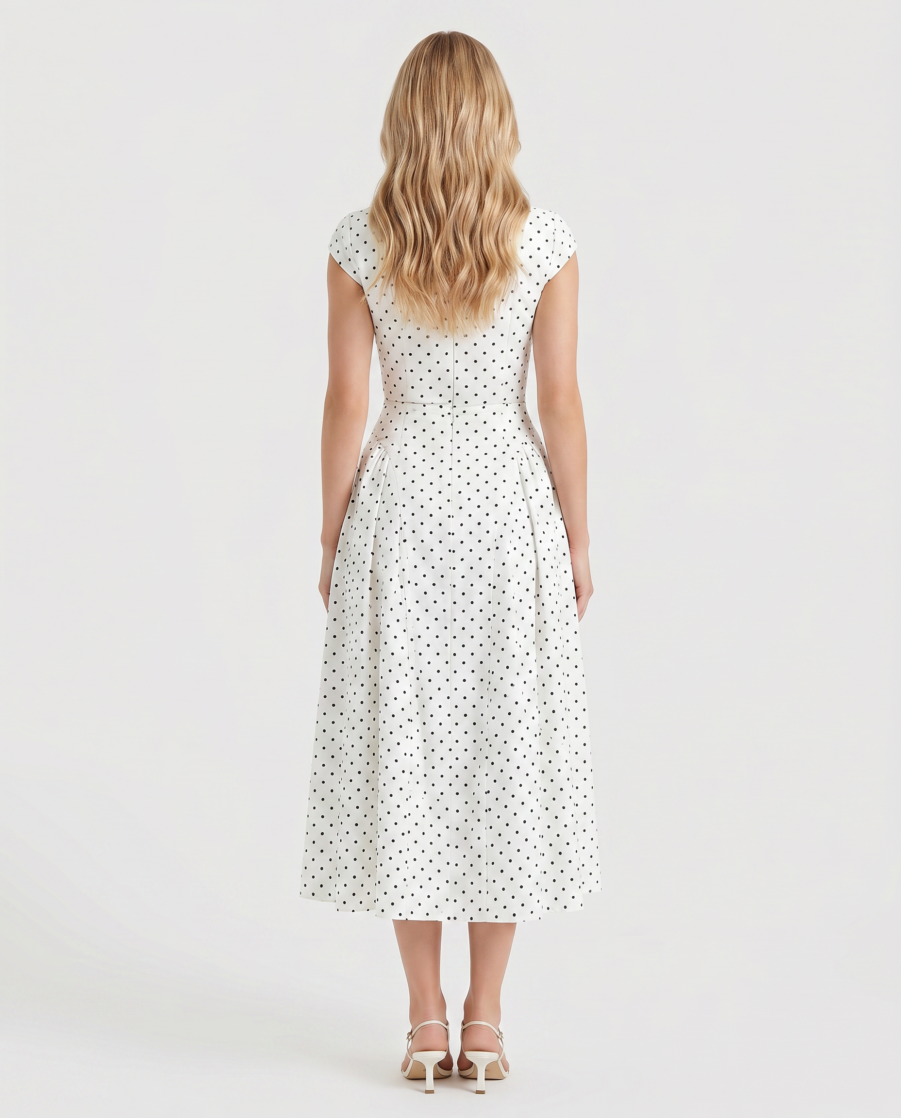 Women white polka dot midi dress with crew back and fit and flare skirt, back view