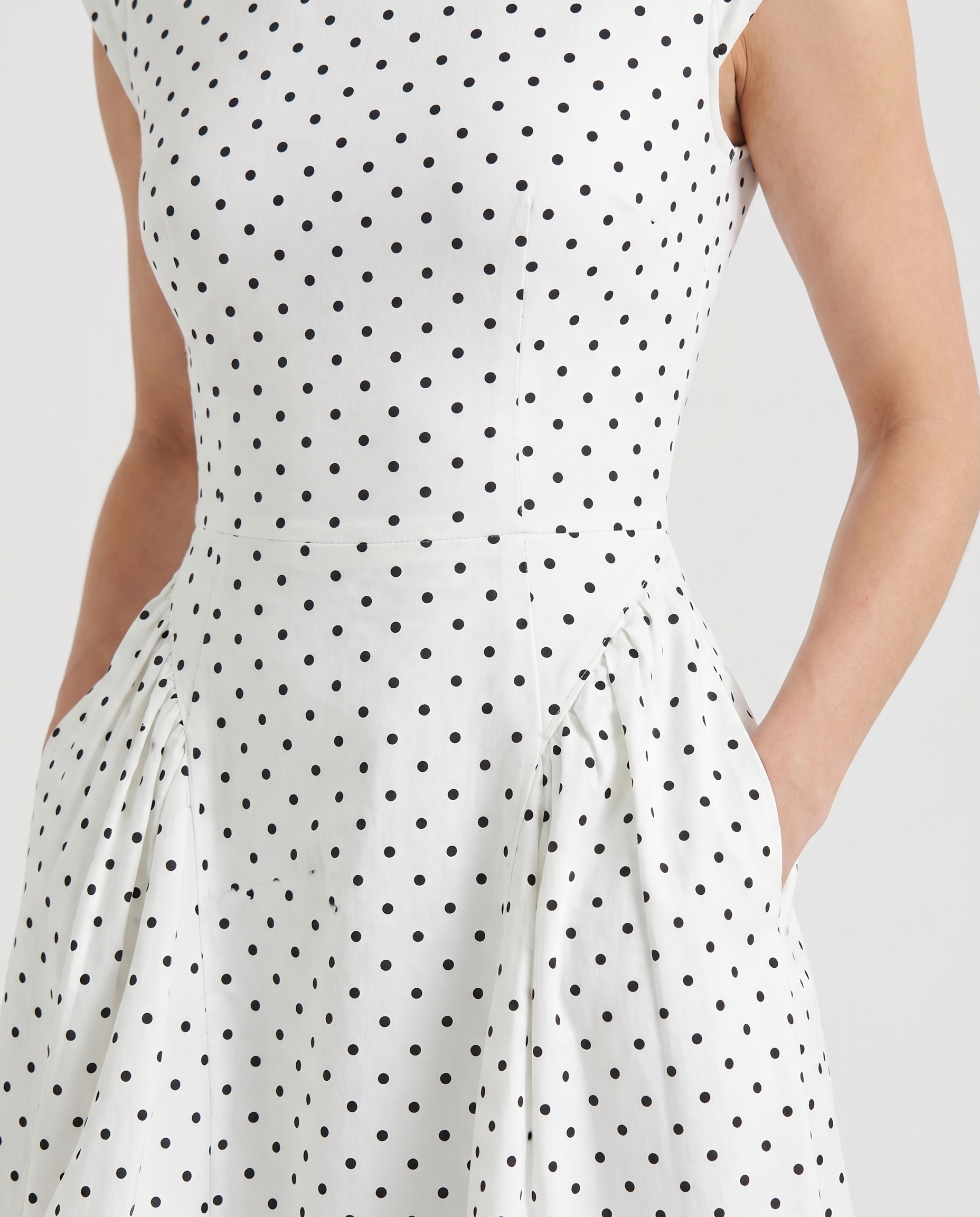 Women polka dot midi dress closeup of crew neckline, cap sleeve, and polka dot print