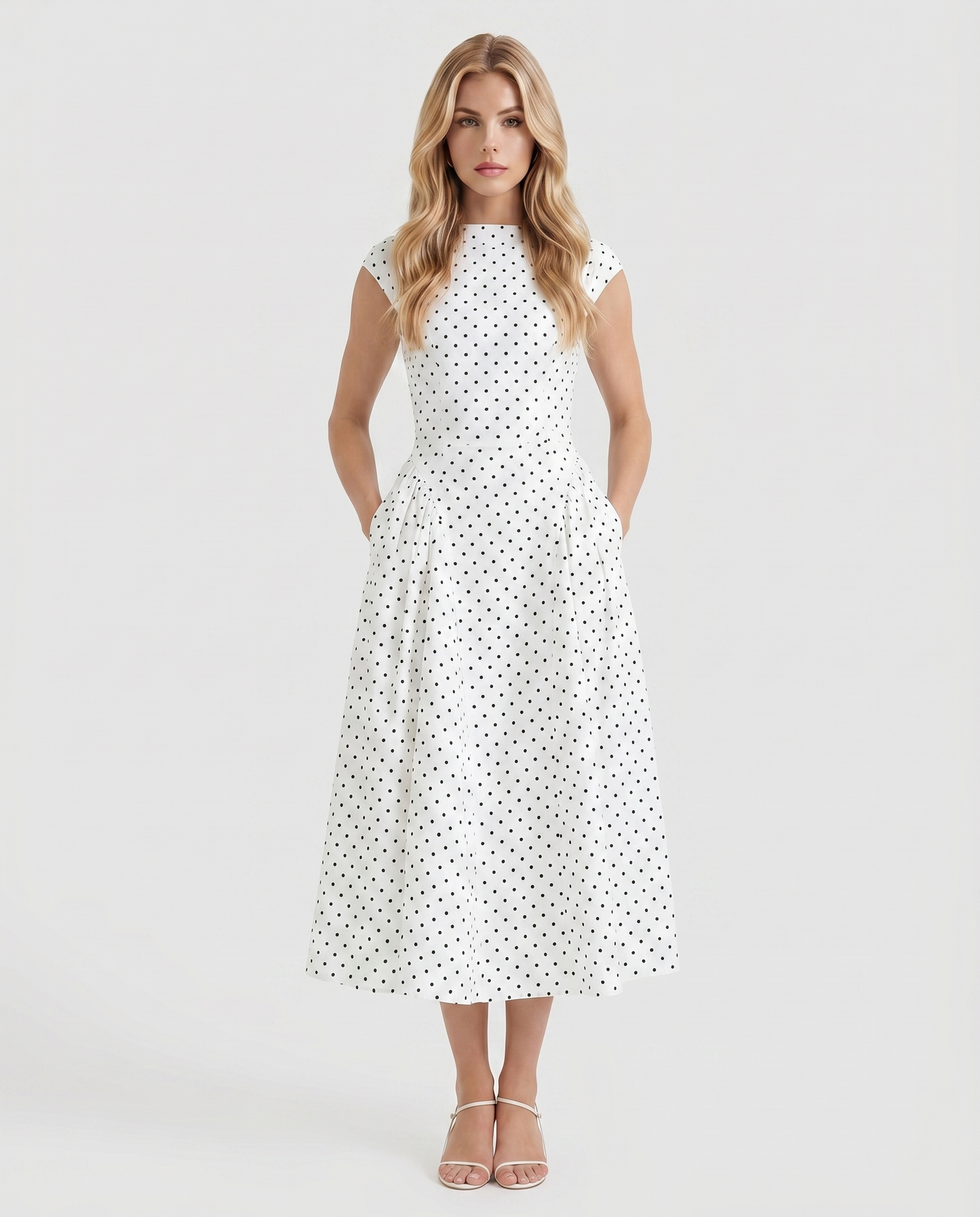 Women white polka dot midi dress with crew neckline and fit and flare skirt, front view