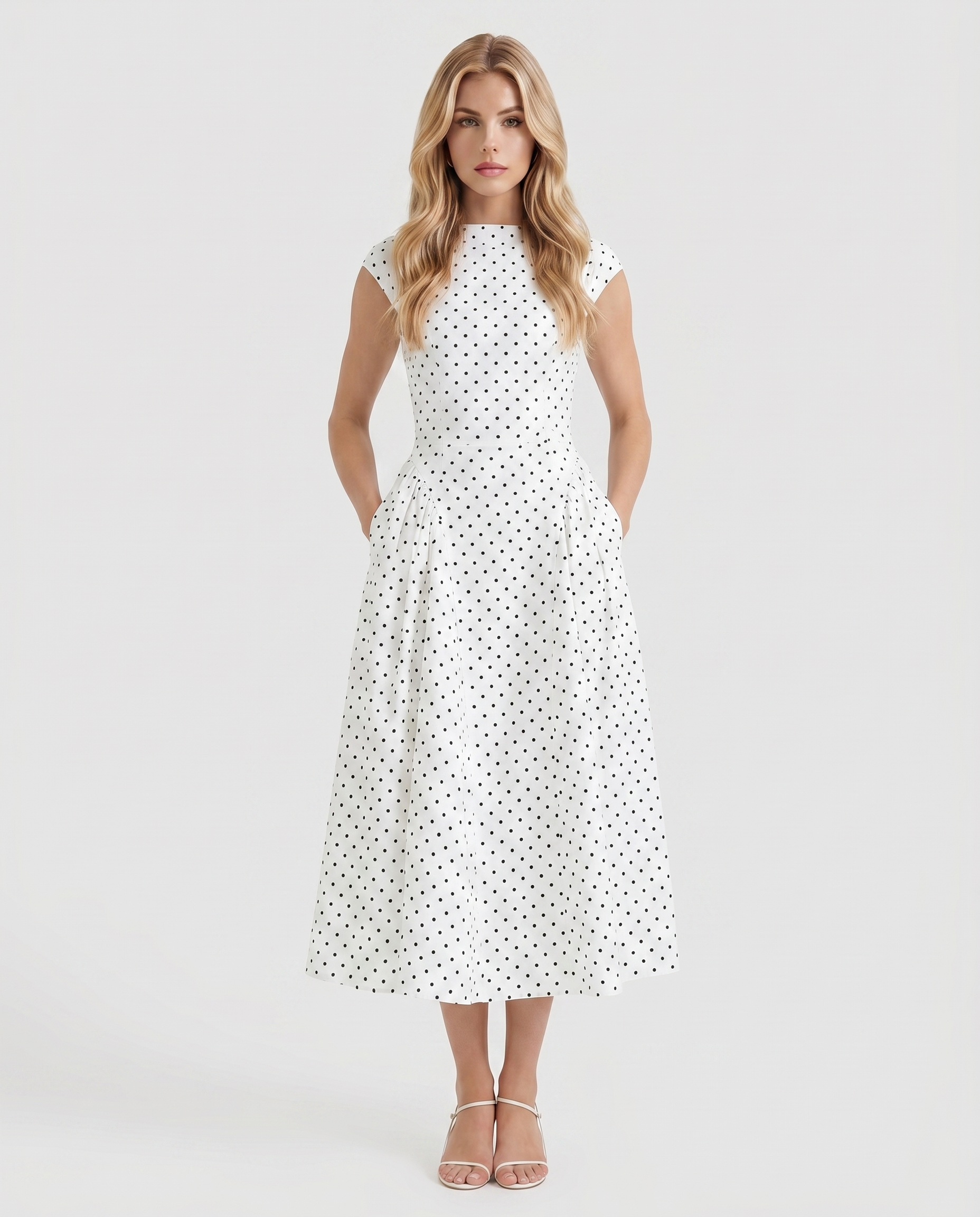 Women white polka dot midi dress with crew neckline and fit and flare skirt, front view
