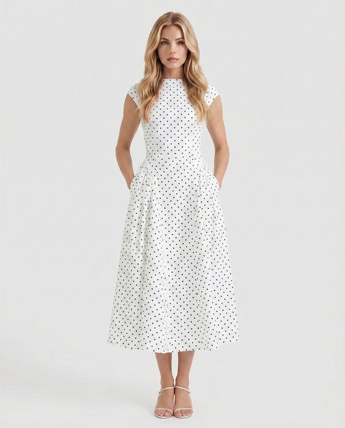 Women white polka dot midi dress with crew neckline and fit and flare skirt, front view