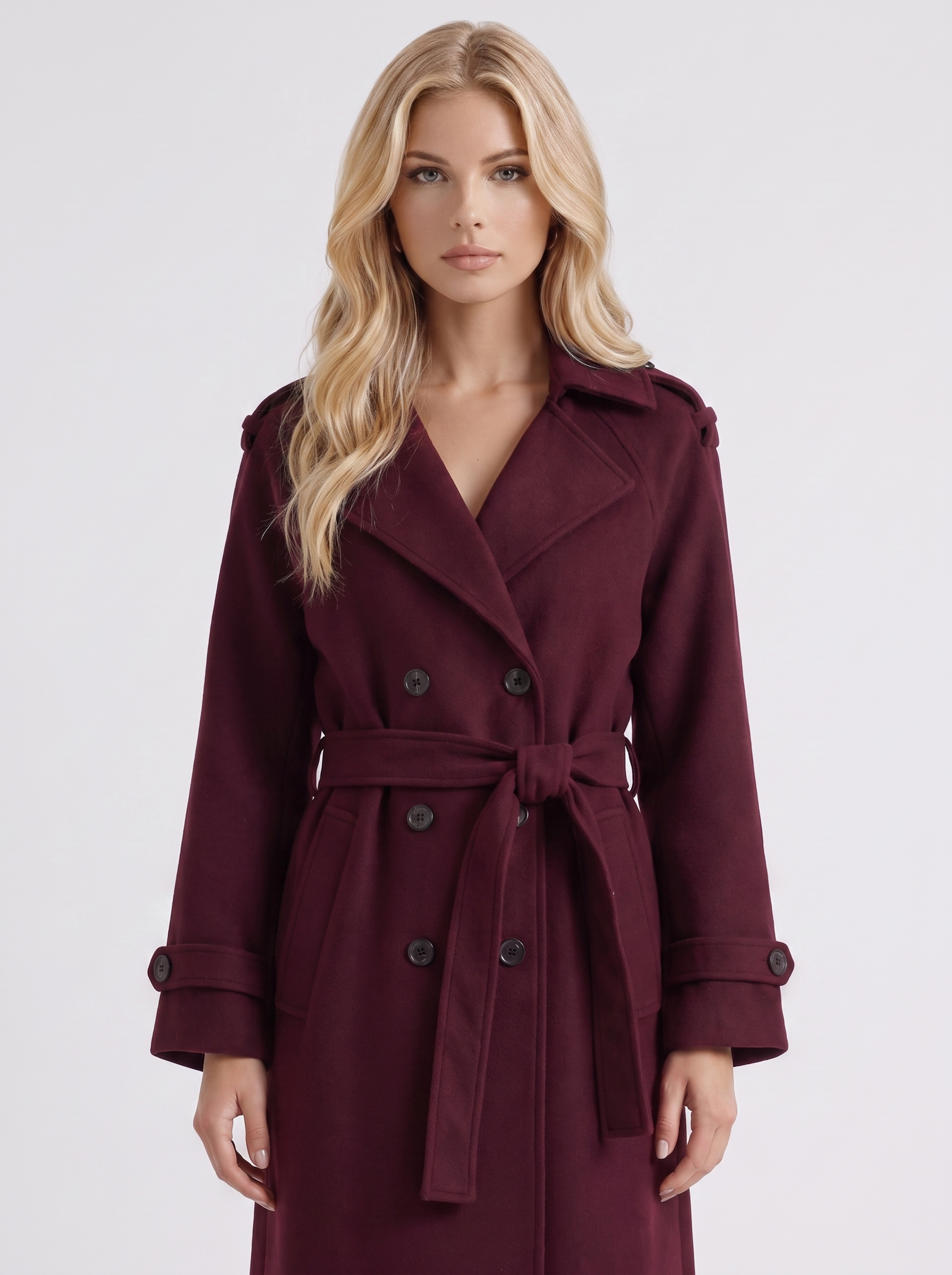 Women's burgundy trench coat with notch lapel and turn back cuffs