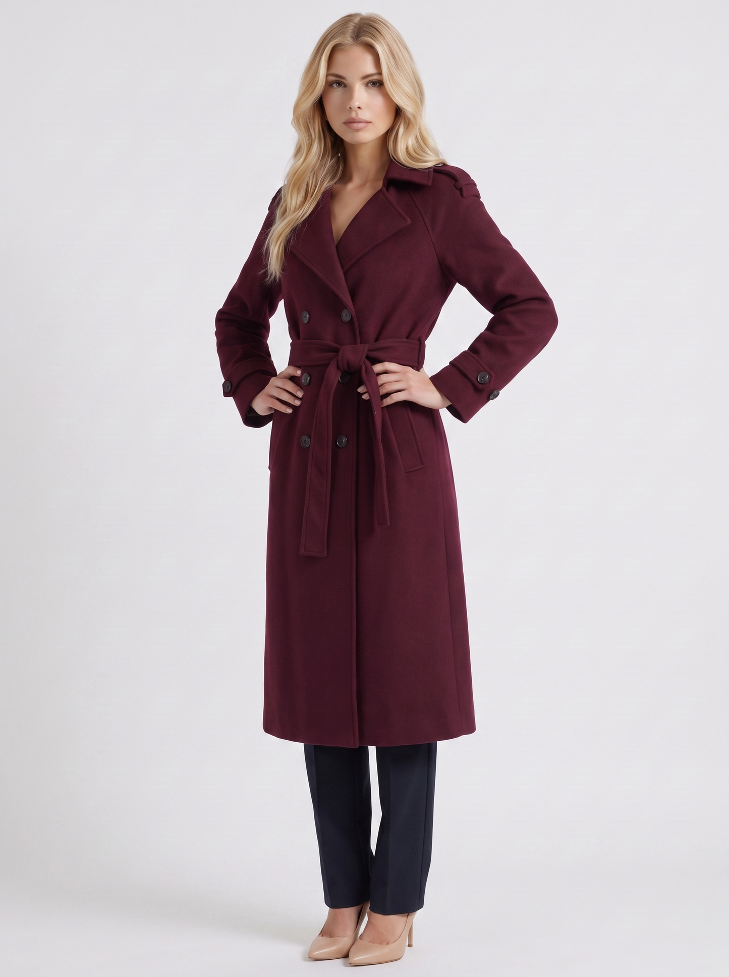 Women's burgundy trench coat with notch lapel and turn back cuffs