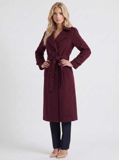 Women's burgundy trench coat with notch lapel and turn back cuffs