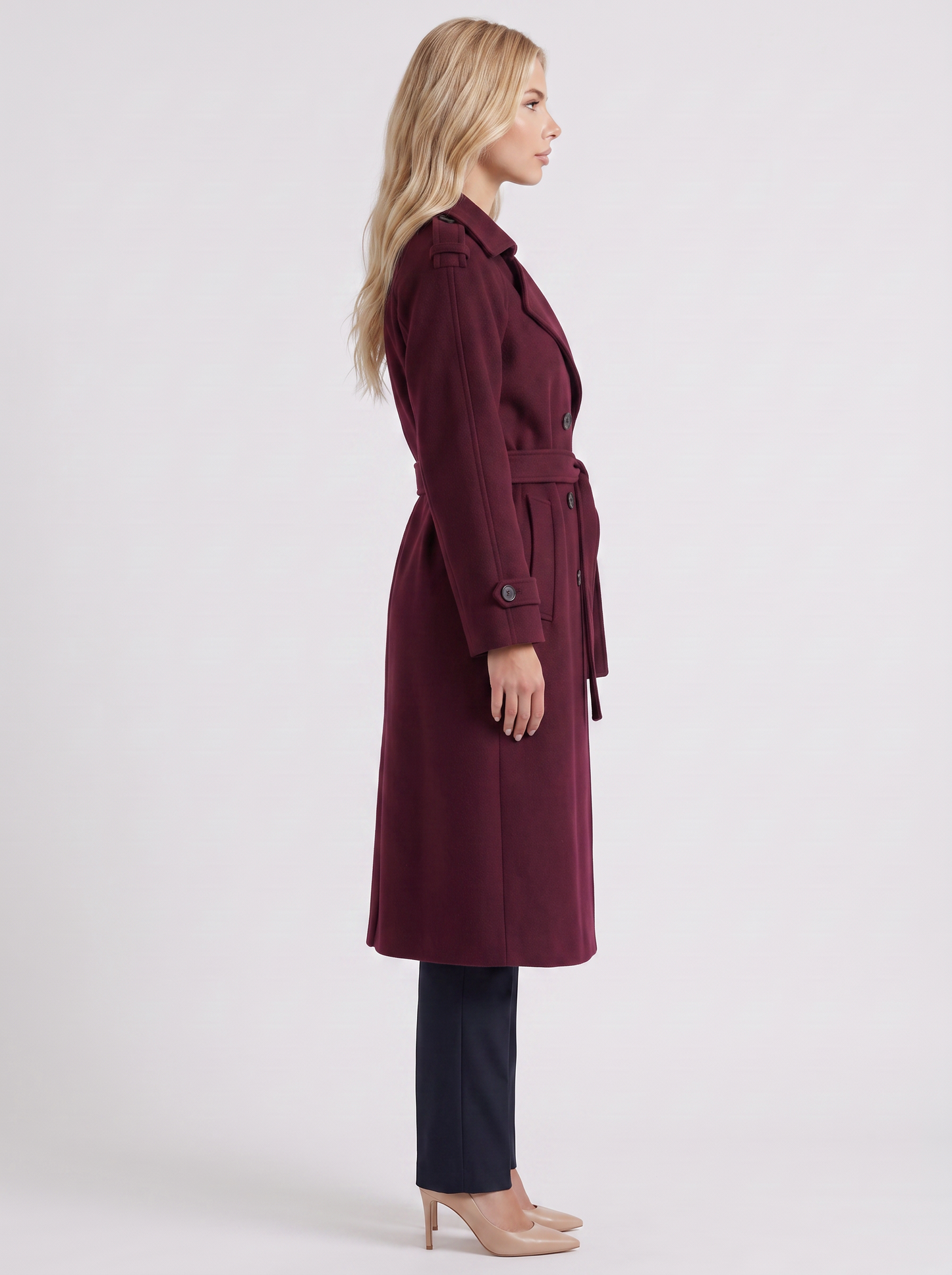 Women's burgundy trench coat with notch lapel and turn back cuffs