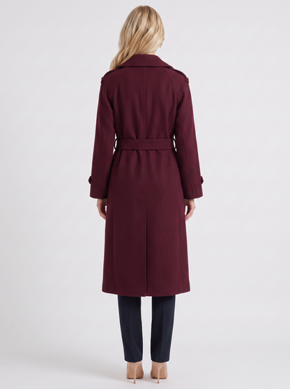 Women's burgundy trench coat with notch lapel and turn back cuffs