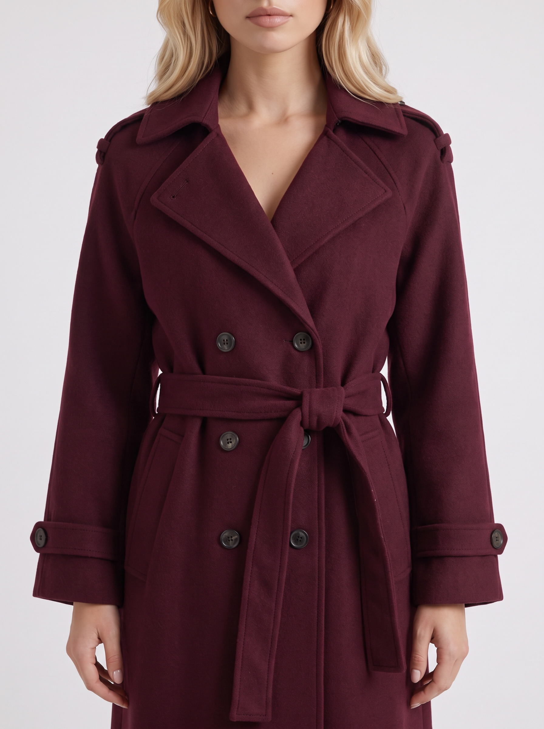 Women's burgundy trench coat with notch lapel and turn back cuffs