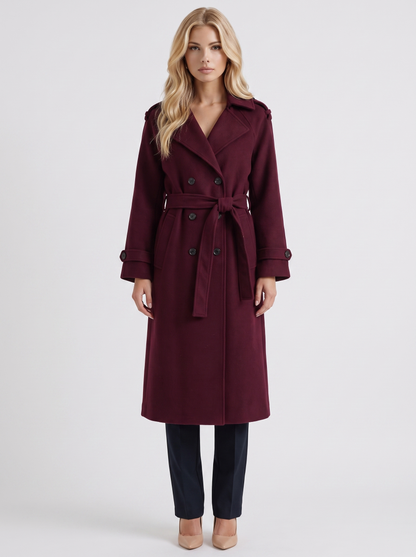Women's burgundy trench coat with notch lapel and turn back cuffs