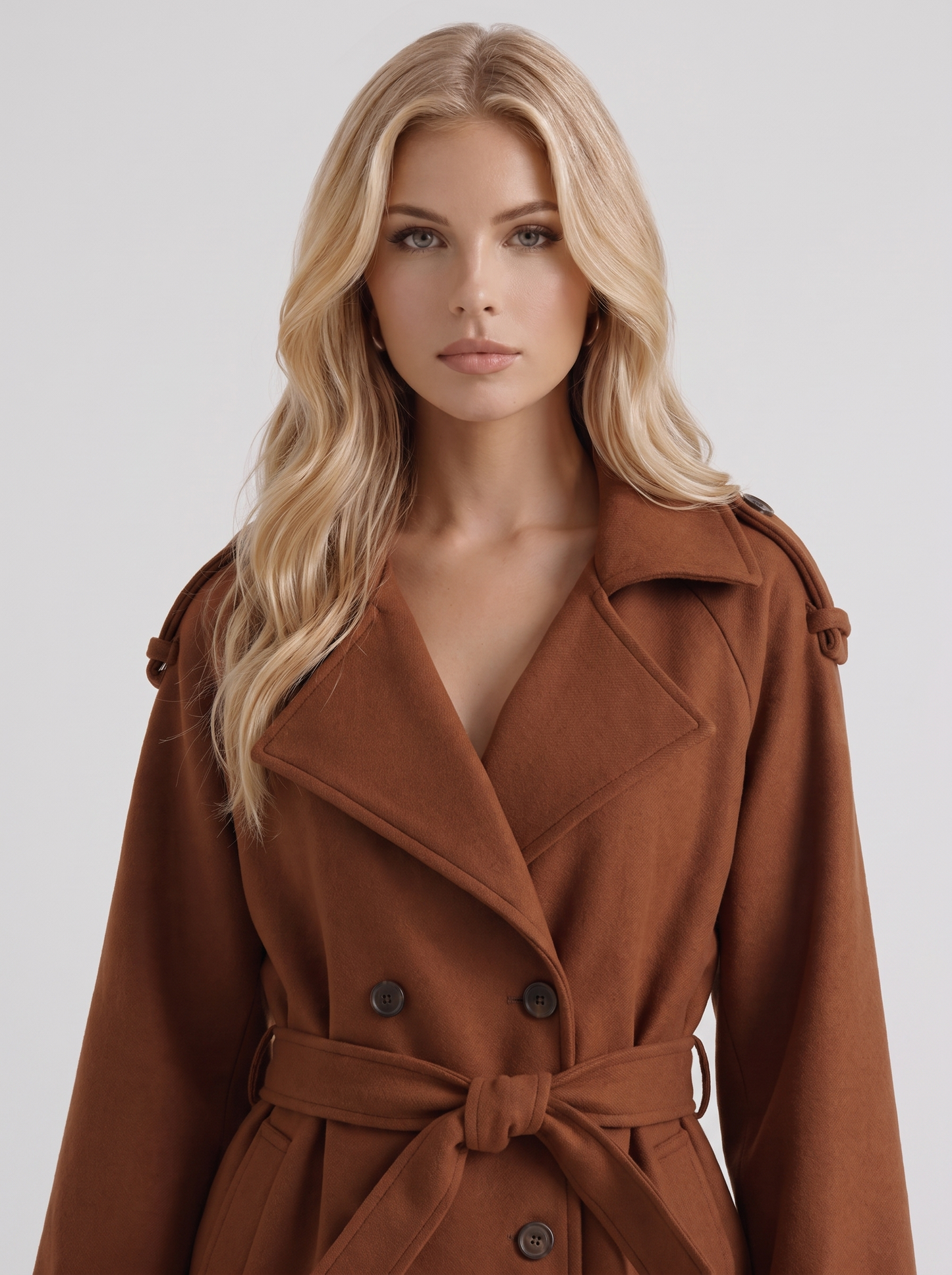 Women's caramel trench coat with notch lapel and turn back cuffs