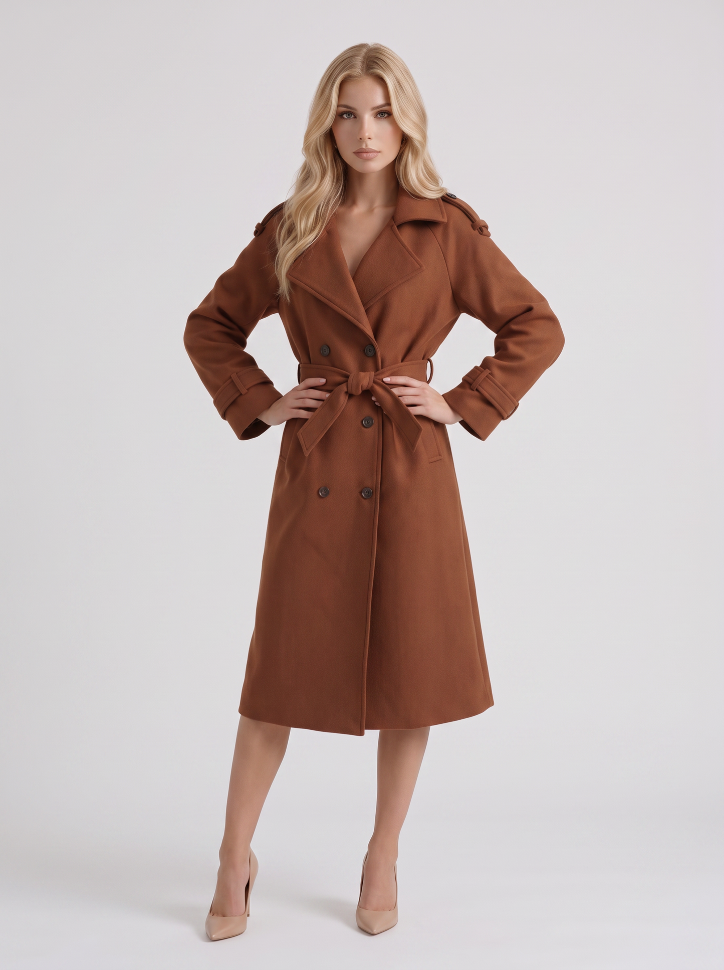 Women's caramel trench coat with notch lapel and turn back cuffs
