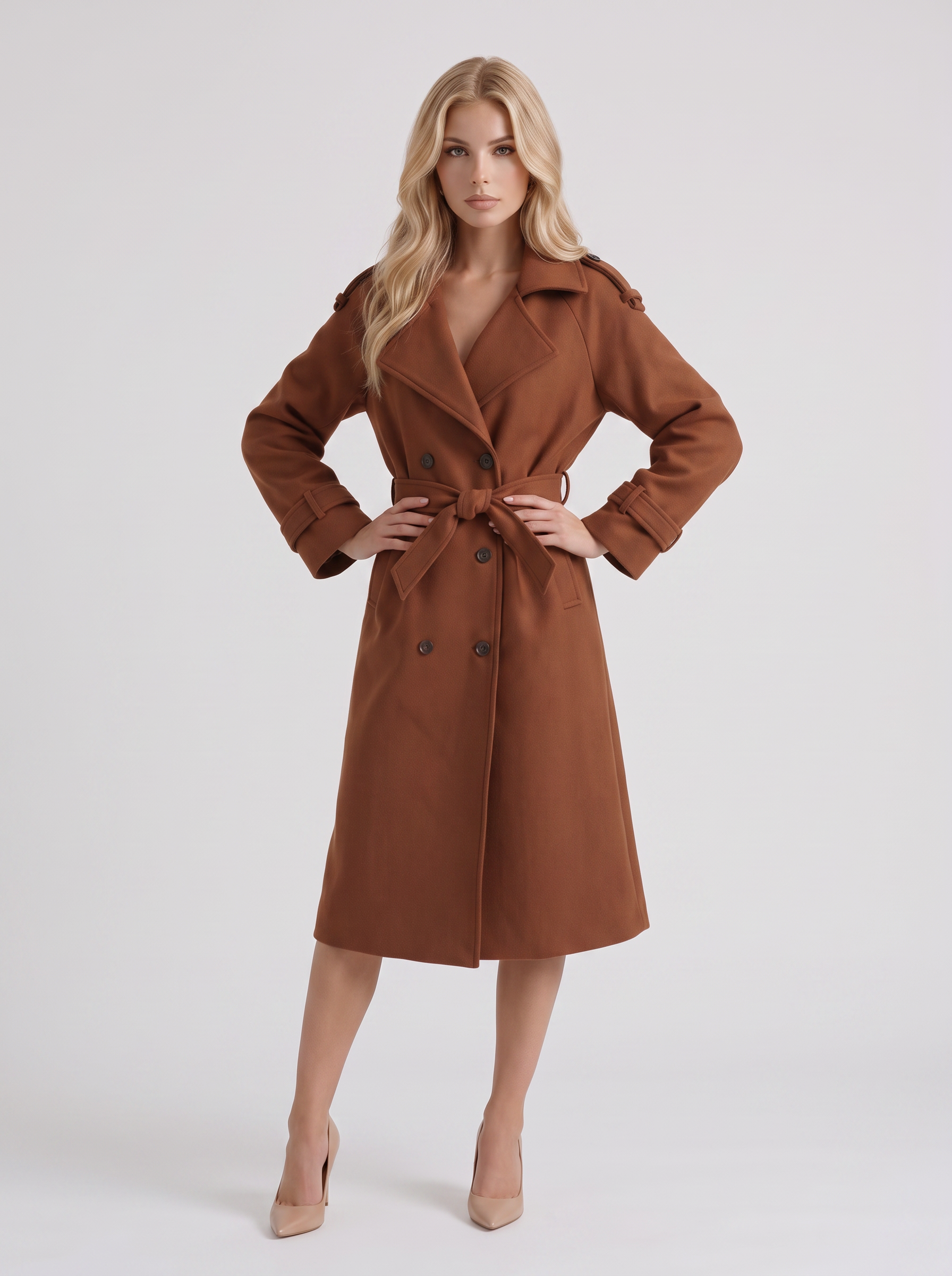 Women's caramel trench coat with notch lapel and turn back cuffs