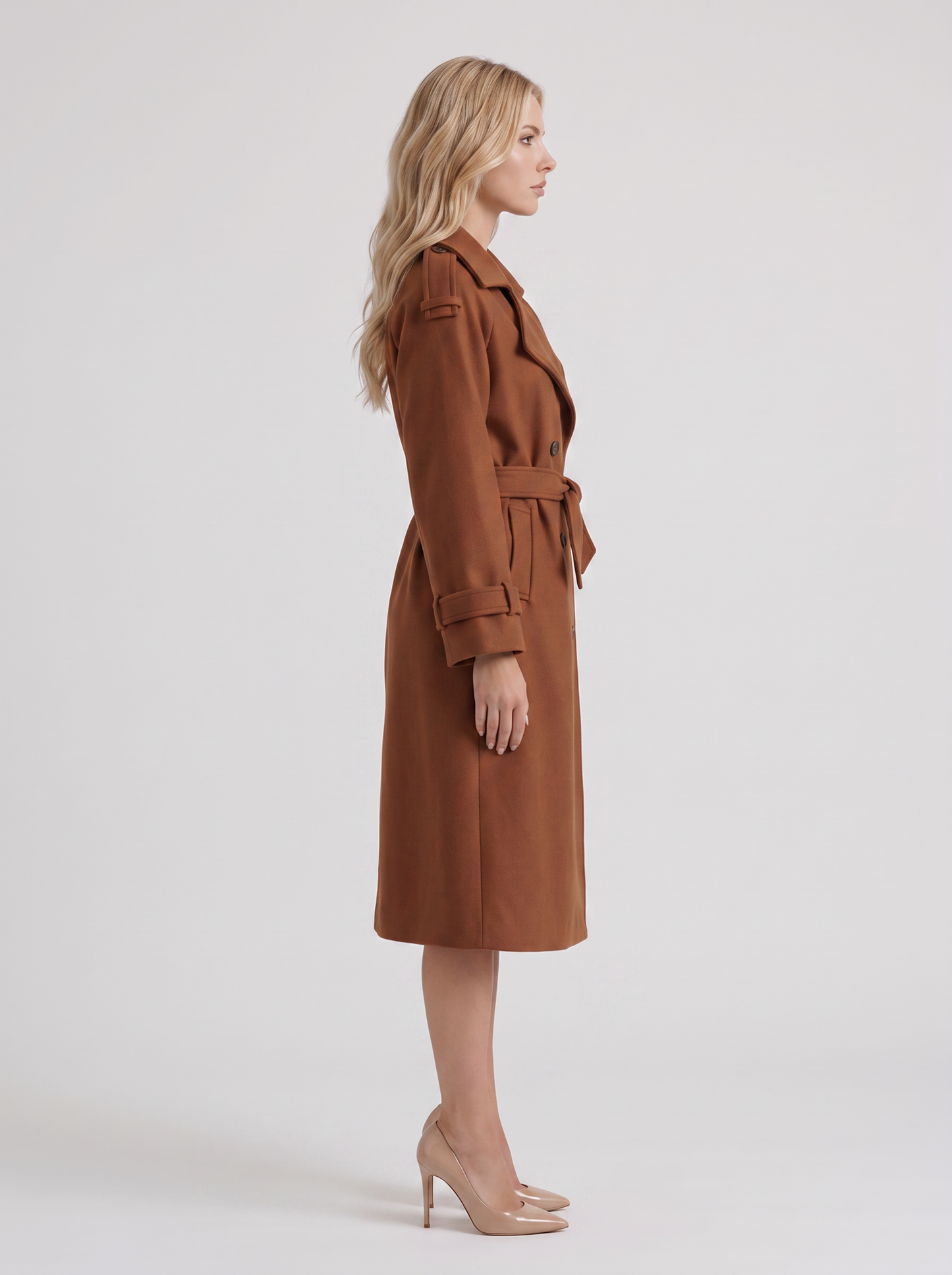 Women's caramel trench coat with notch lapel and turn back cuffs