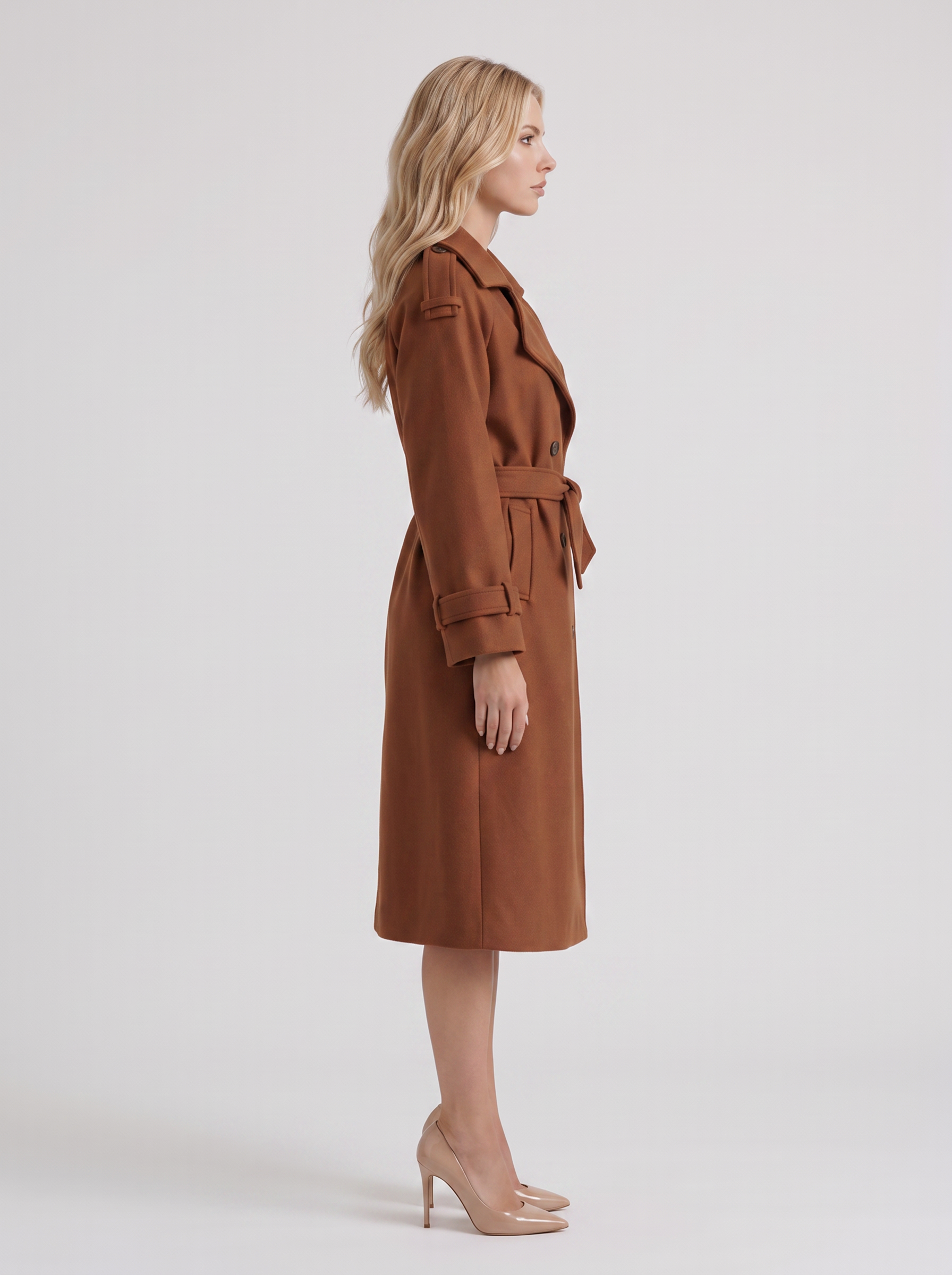 Women's caramel trench coat with notch lapel and turn back cuffs