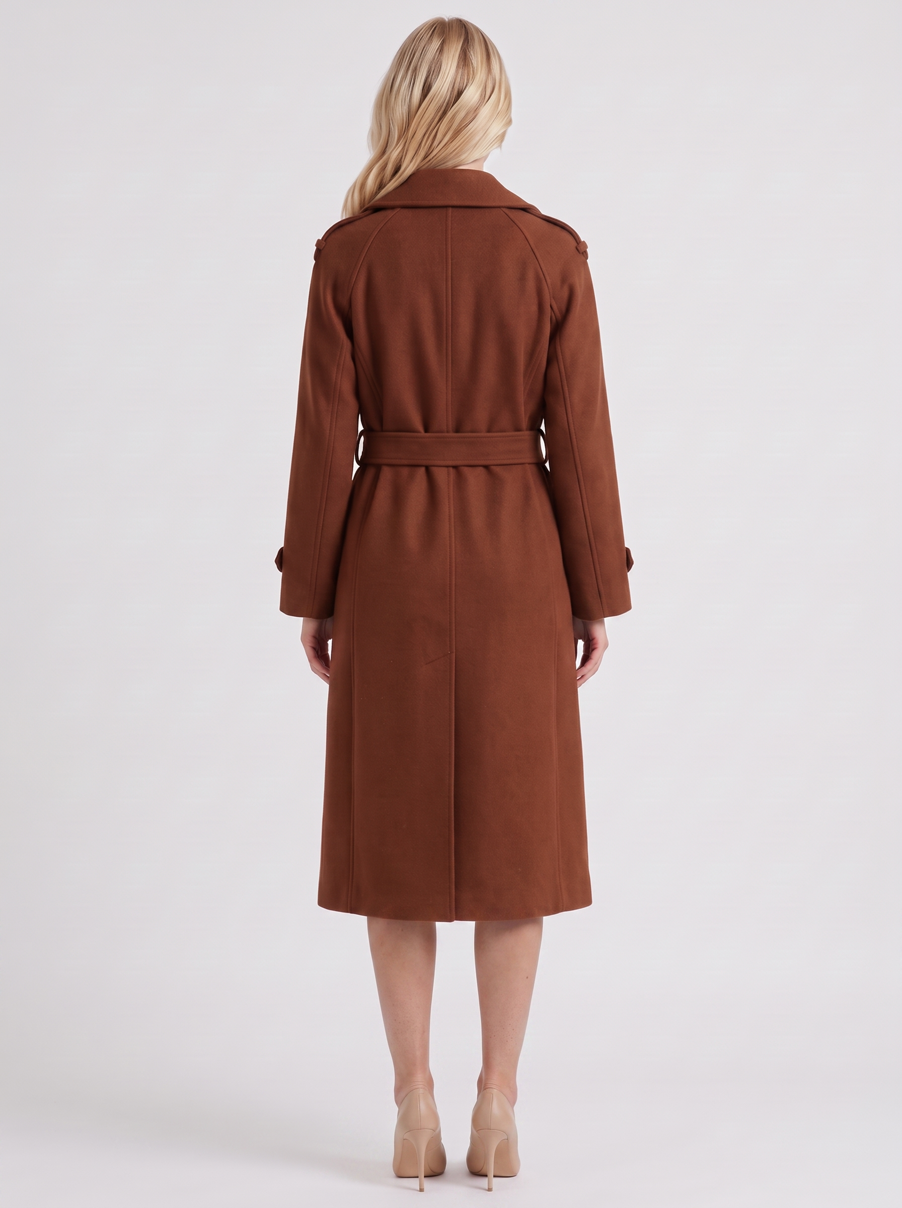 Women's caramel trench coat with notch lapel and turn back cuffs