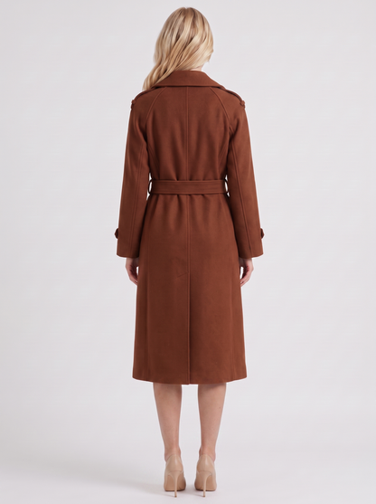 Women's caramel trench coat with notch lapel and turn back cuffs