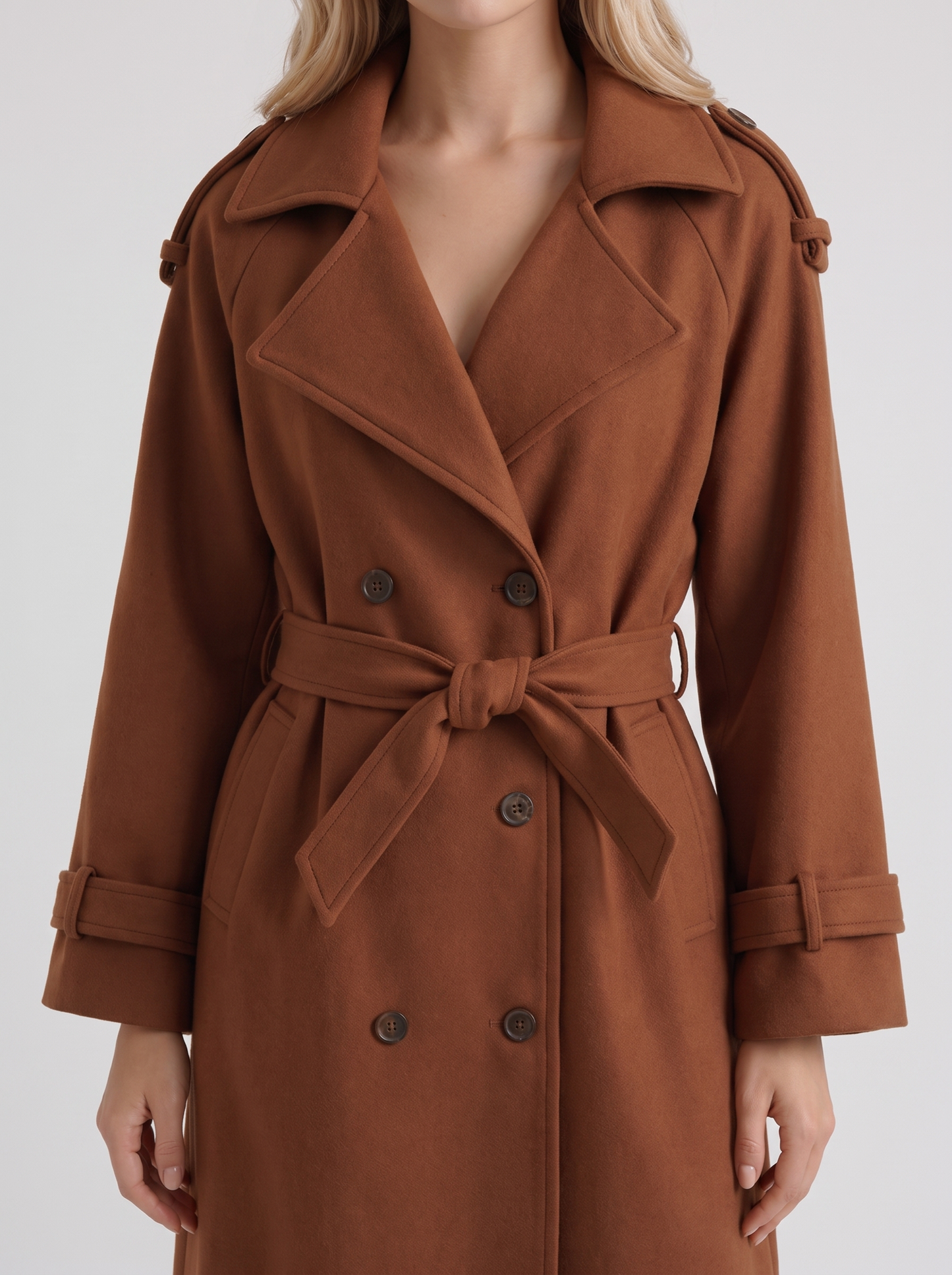 Women's caramel trench coat with notch lapel and turn back cuffs