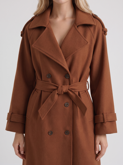 Women's caramel trench coat with notch lapel and turn back cuffs