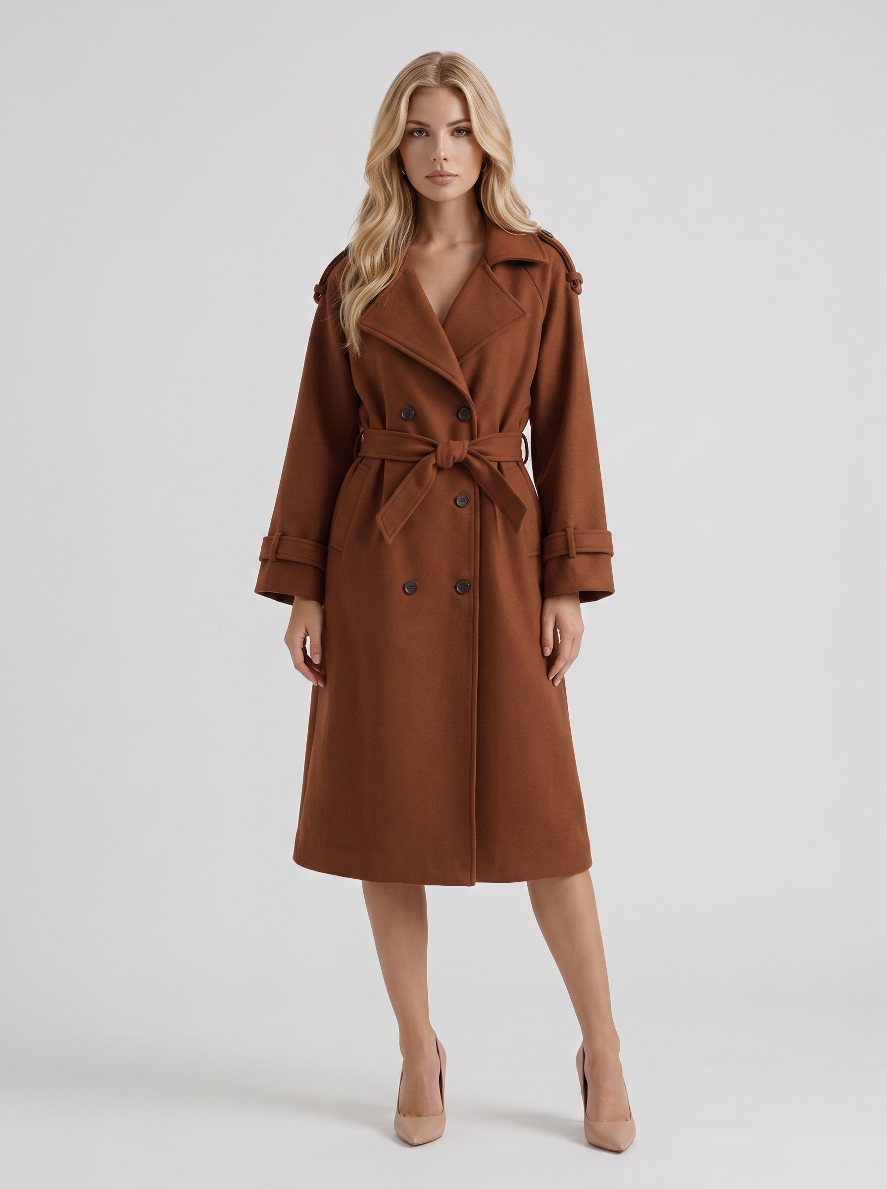 Women's caramel trench coat with notch lapel and turn back cuffs
