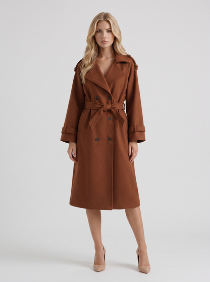 Women's caramel trench coat with notch lapel and turn back cuffs