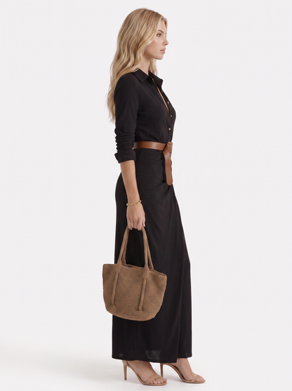 Women black maxi dress with point collar and button front