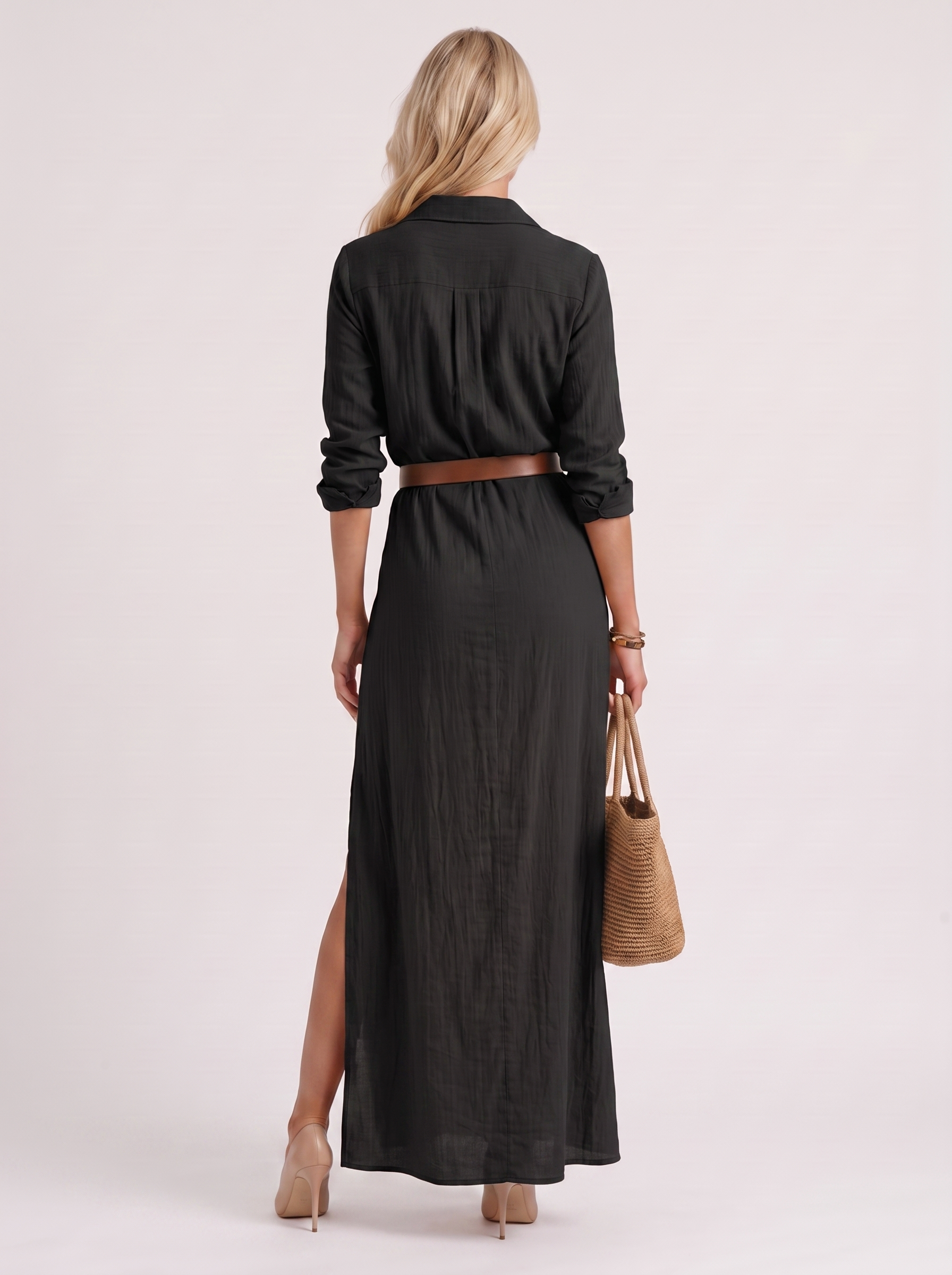 Women black maxi dress with point collar and button front