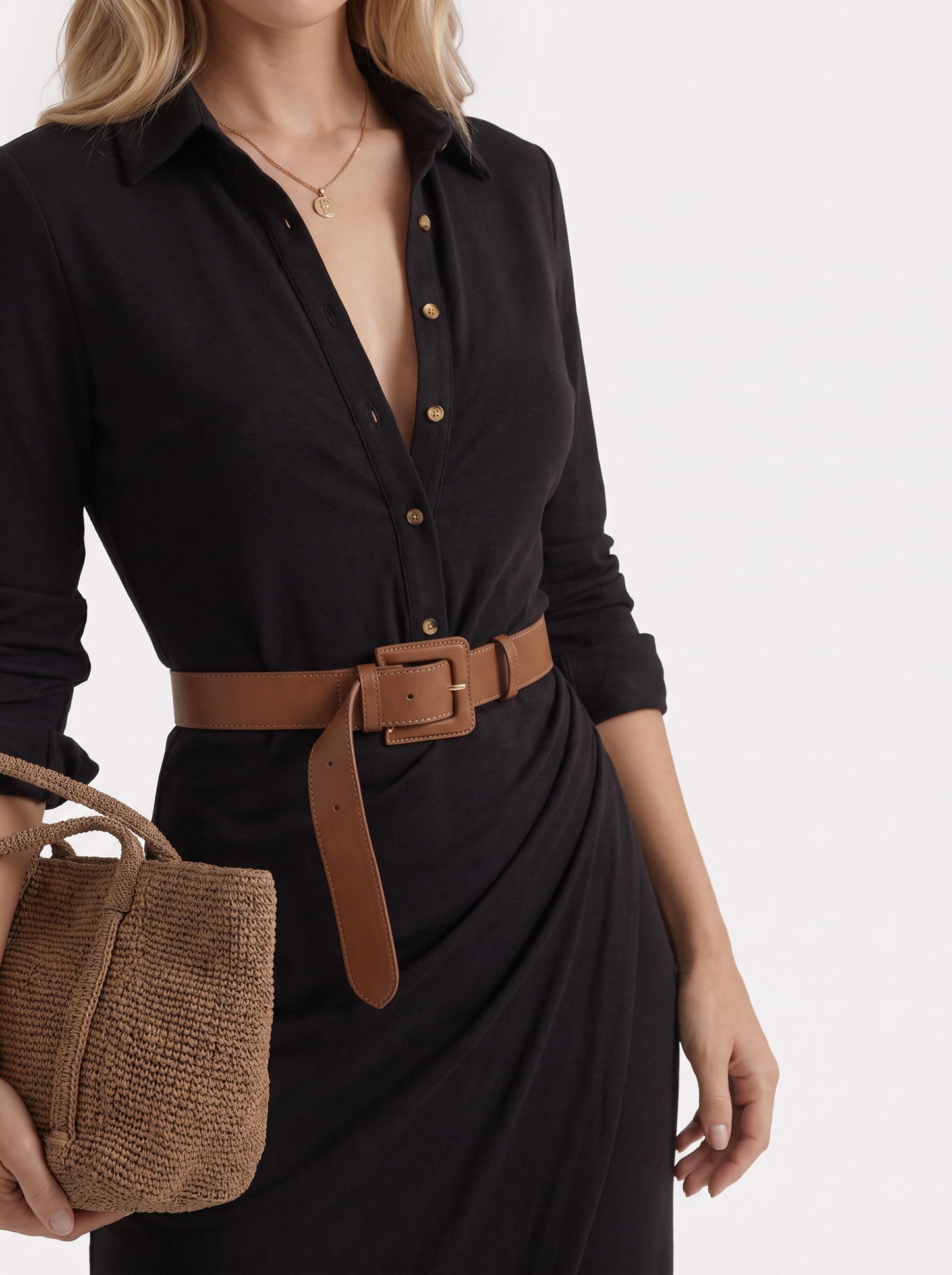 Women black maxi dress with point collar and button front