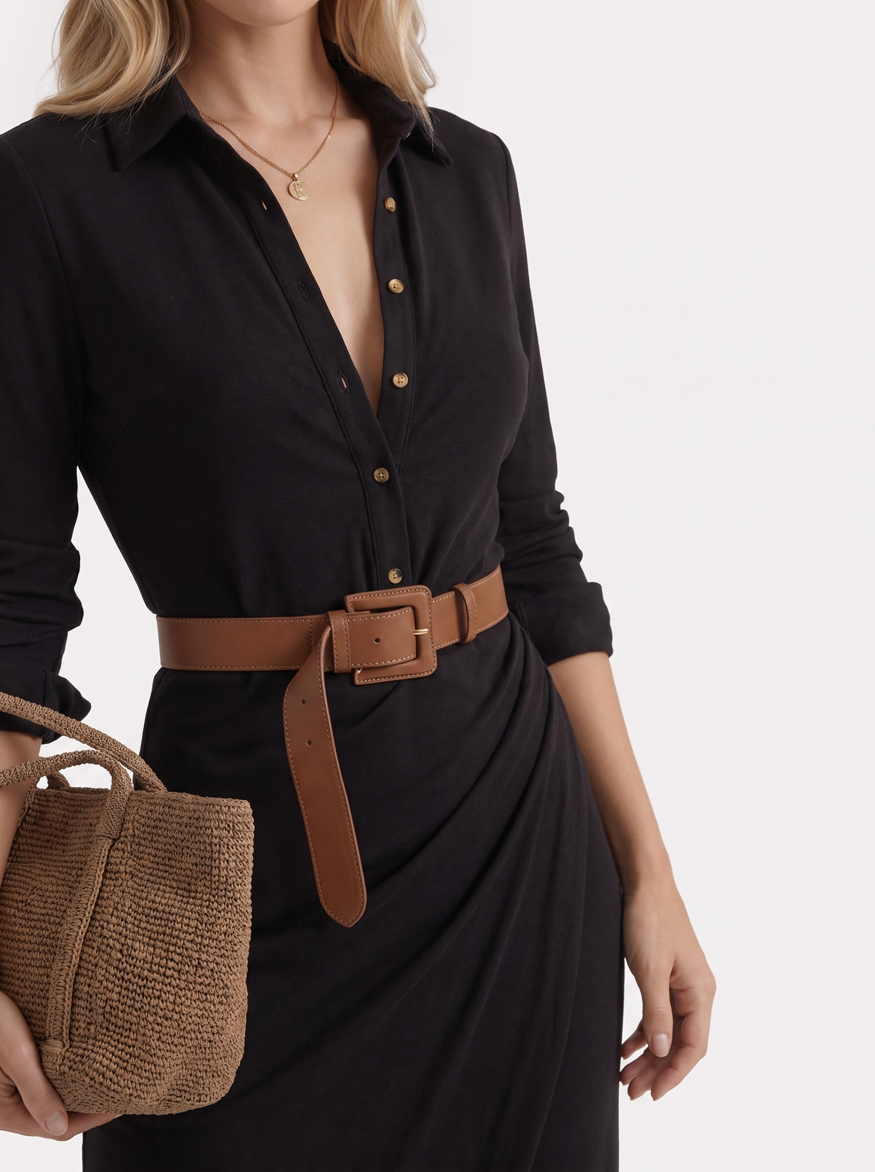 Women black maxi dress with point collar and button front